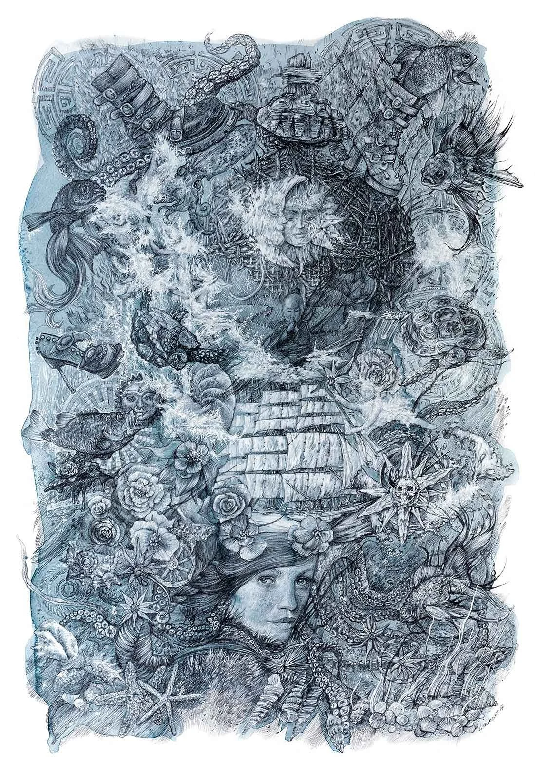 "Sea Dream" Paper, ink, 17,5 x 25 inches, 2018