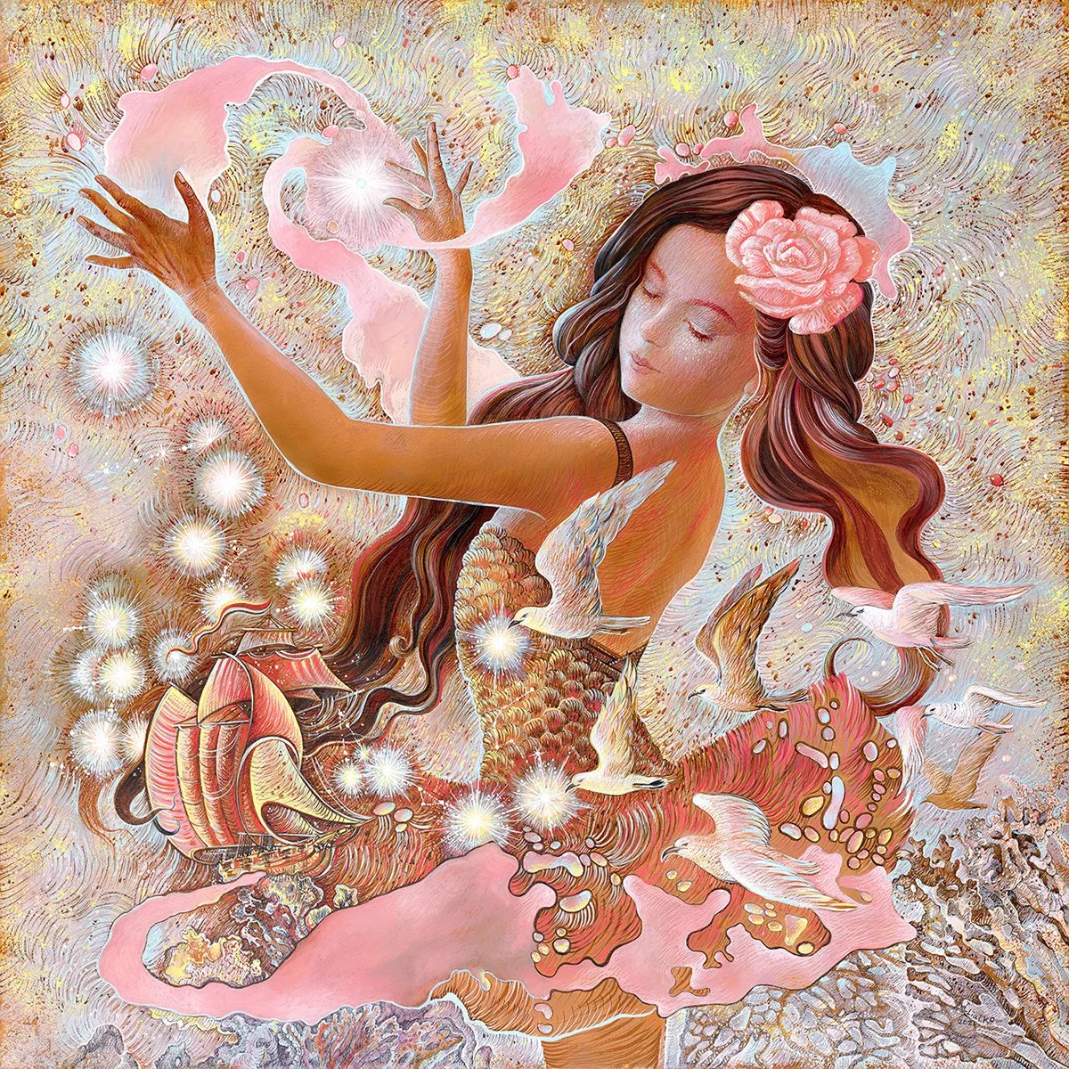 "The Morning stars", 30x30, canvas, acrylic, pencil, 2020