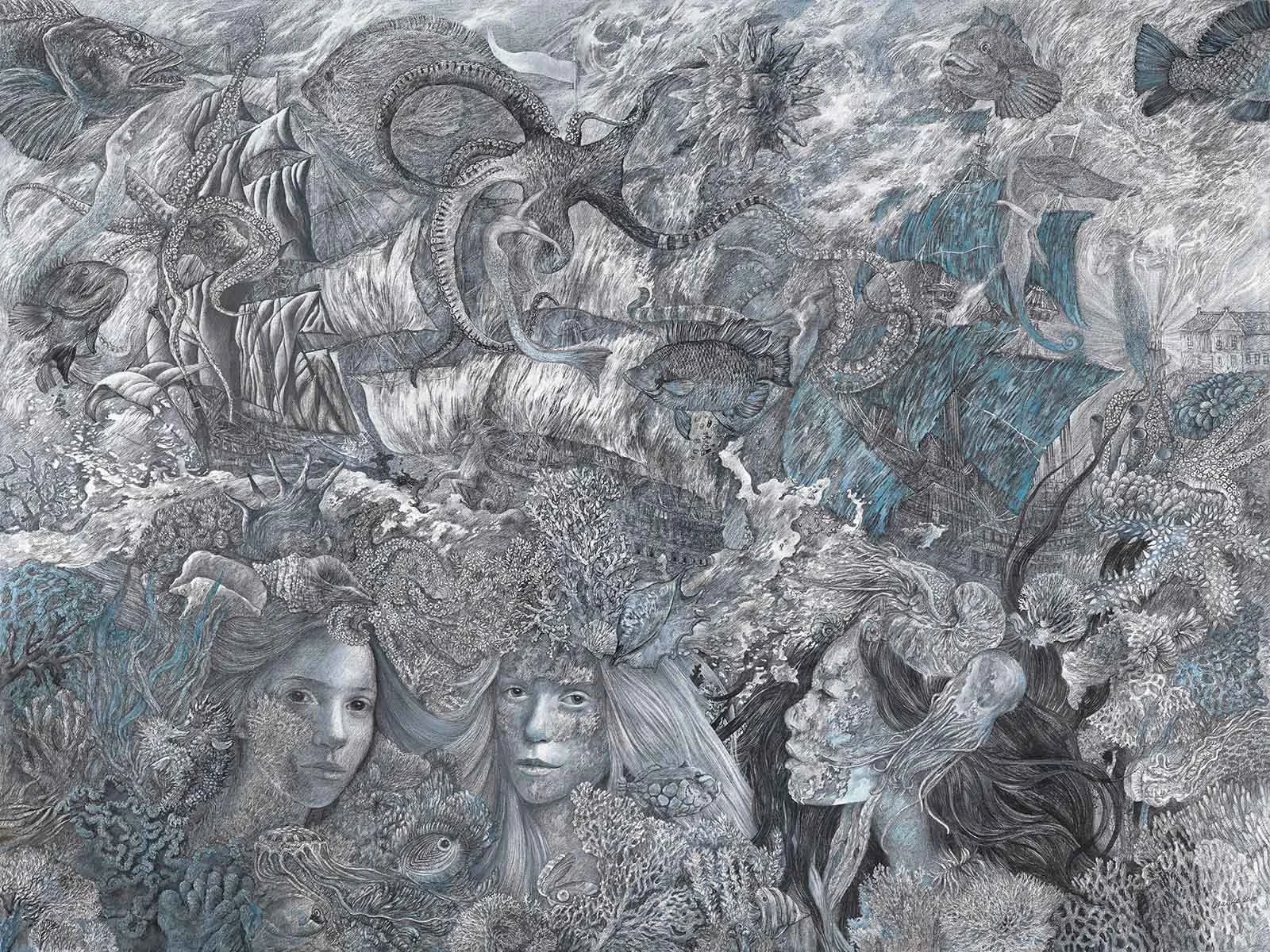"The three mermaids" Canvas, pencil, ink, 36 x 48, 2018