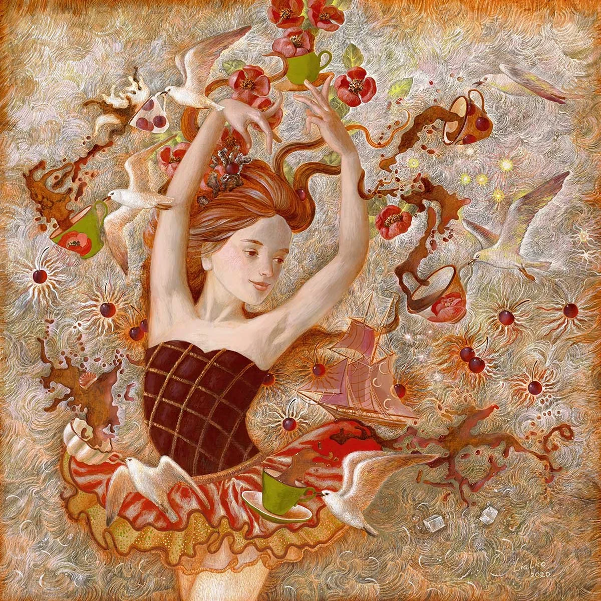 "Tea Time" 36x36 inch, canvas, acrylic ink, pencil, 2020