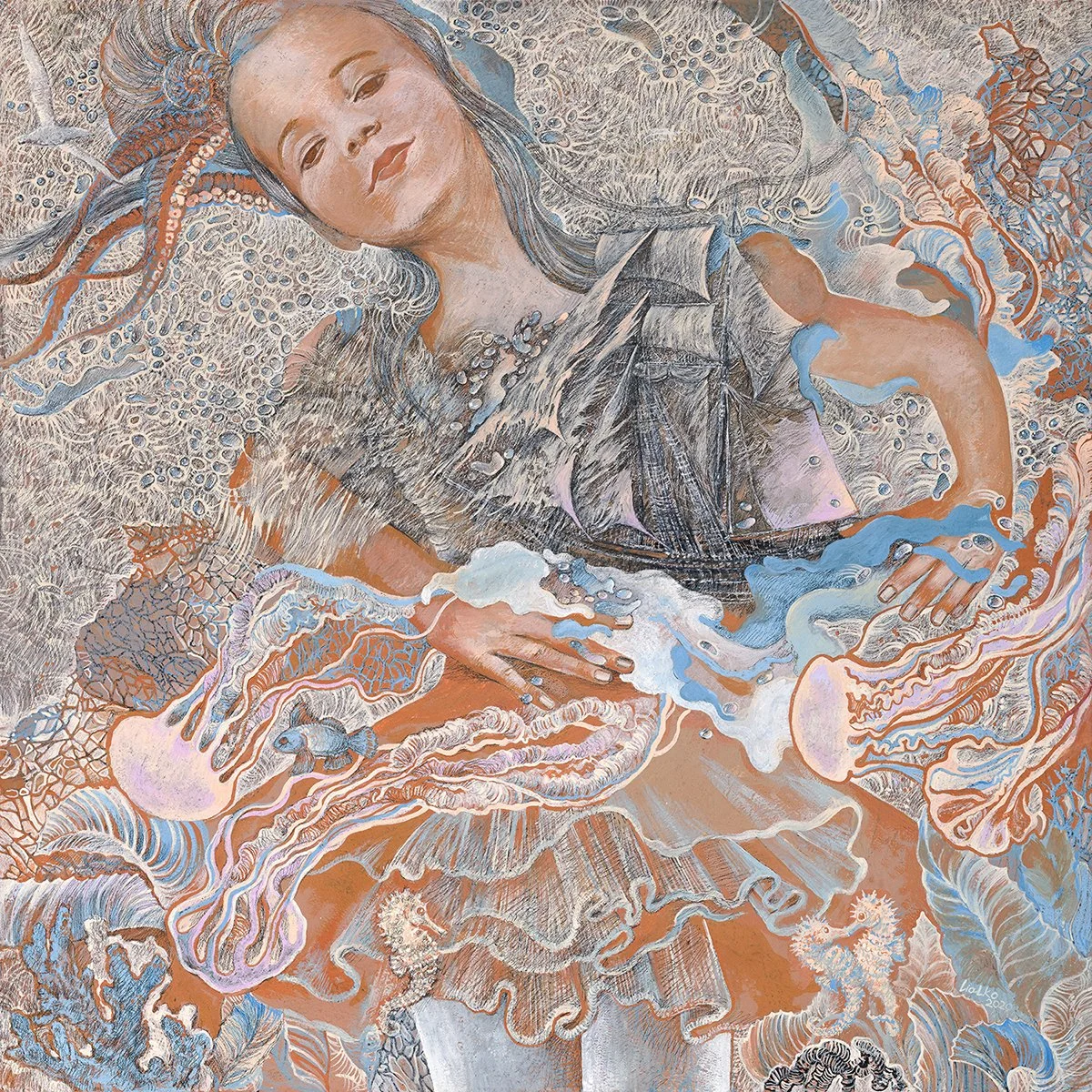 "Playing with Jellyfish", 30x30 inch, canvas, acrylic, pencil, 2020