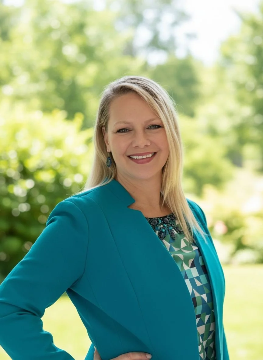 A woman in a teal blazer smiling outdoors with a blurred green trees background.
