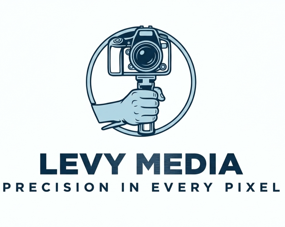 Logo for Levy Media featuring a camera held by a hand with a stabilizer, accompanied by the text "Levy Media" and the slogan "Precision in Every Pixel."