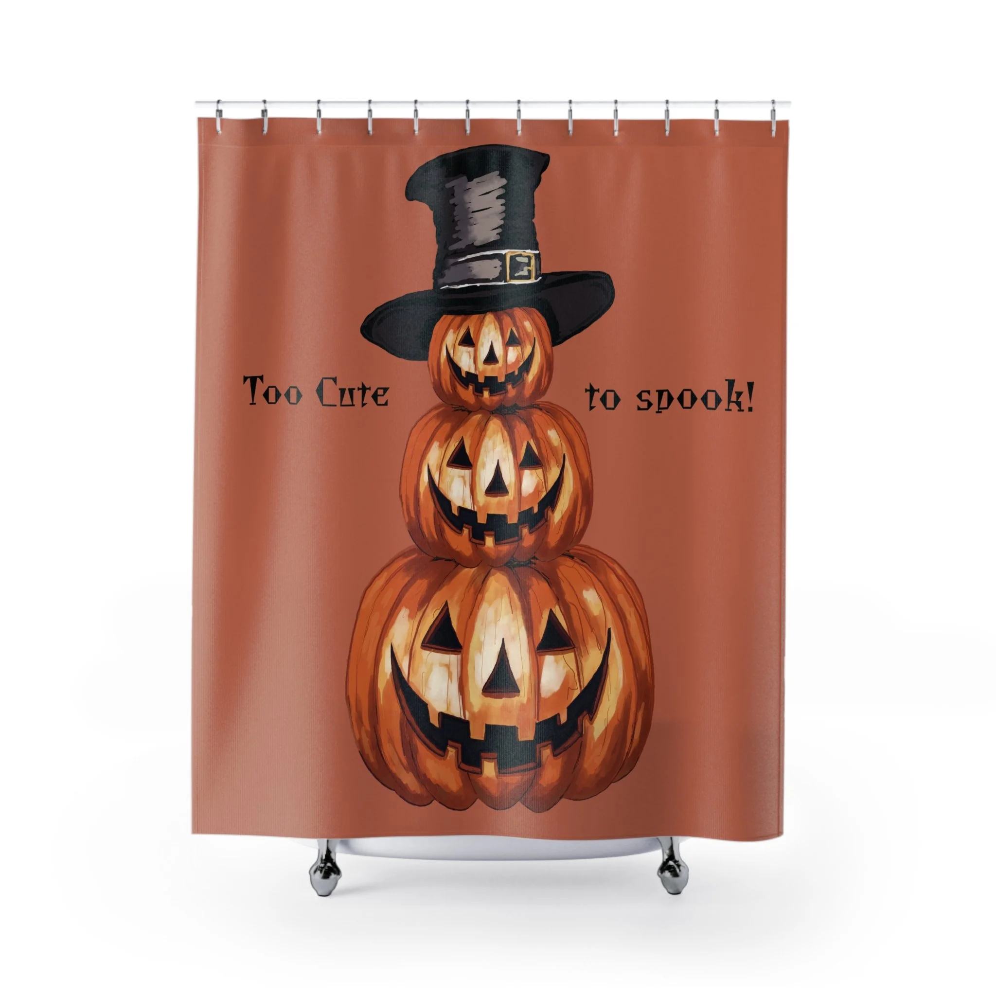 Halloween Jack O’ Lantern Pumpkin Stack Shower Curtain — "Too Cute to Spook" Jack-o'-Lantern Decor