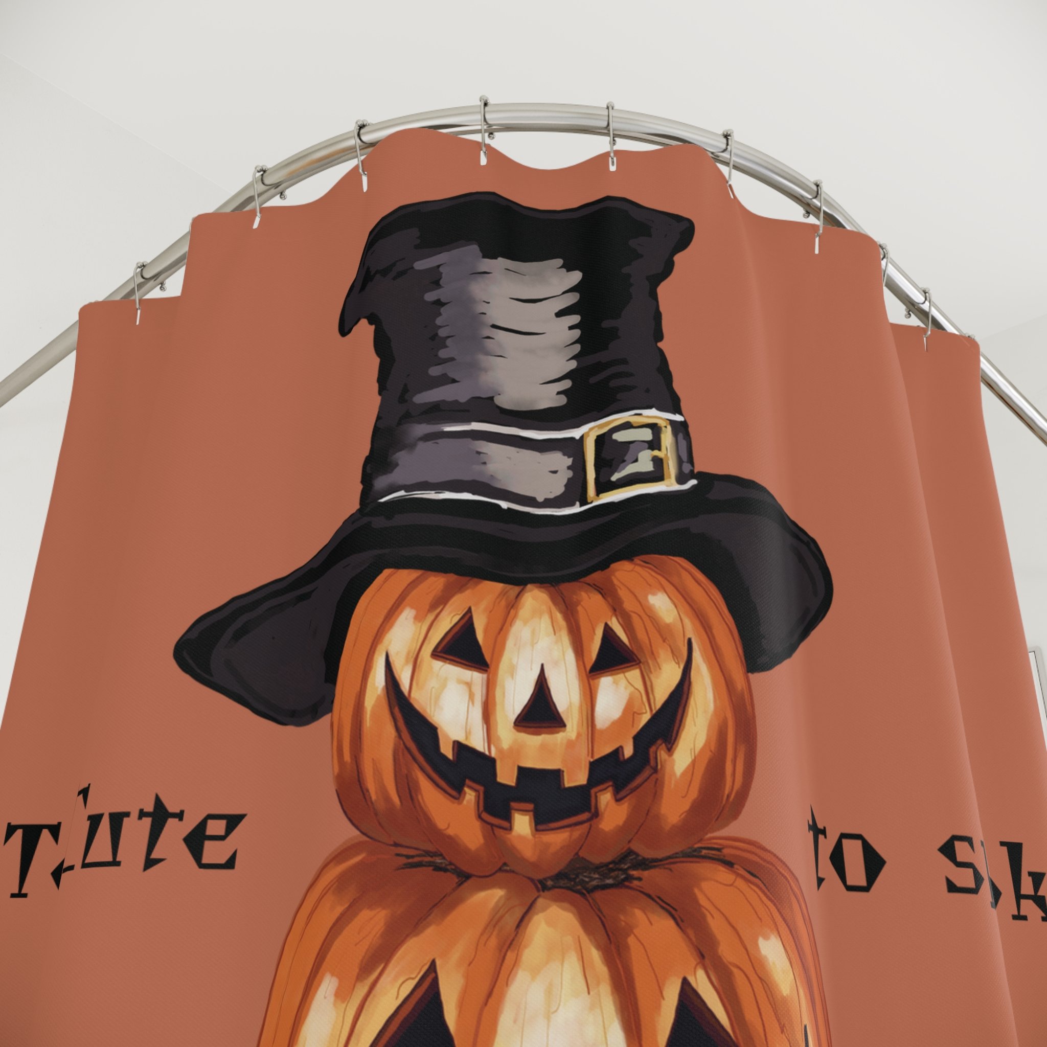 Halloween Jack O’ Lantern Pumpkin Stack Shower Curtain — "Too Cute to Spook" Jack-o'-Lantern Decor