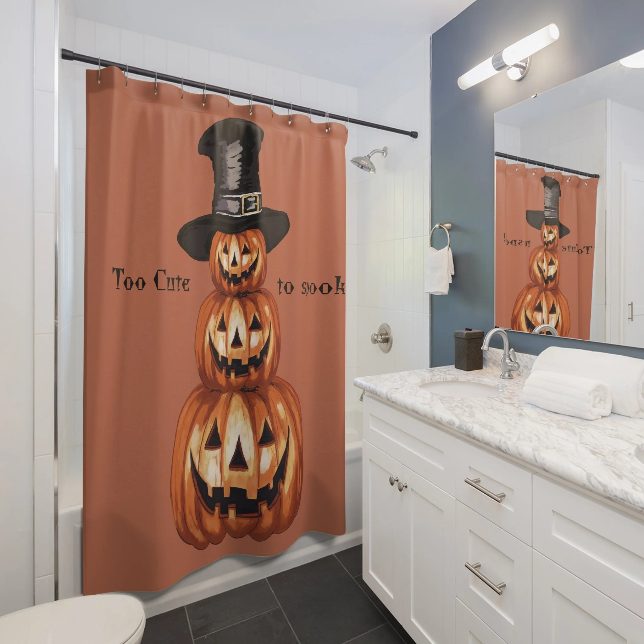 Halloween Jack O’ Lantern Pumpkin Stack Shower Curtain — "Too Cute to Spook" Jack-o'-Lantern Decor