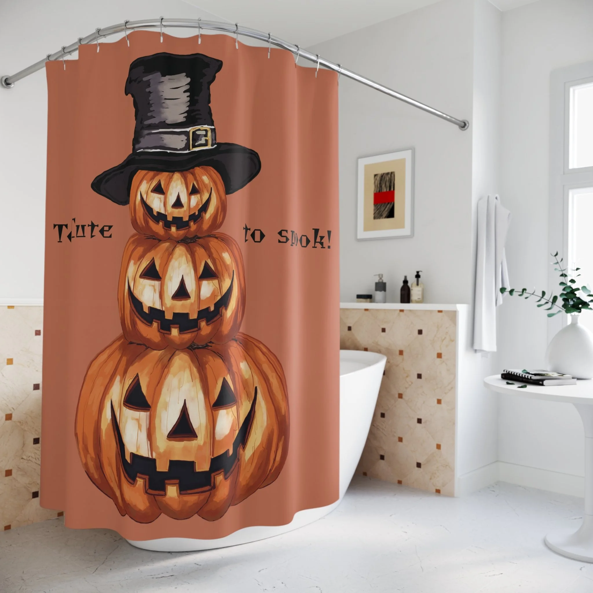 Halloween Jack O’ Lantern Pumpkin Stack Shower Curtain — "Too Cute to Spook" Jack-o'-Lantern Decor