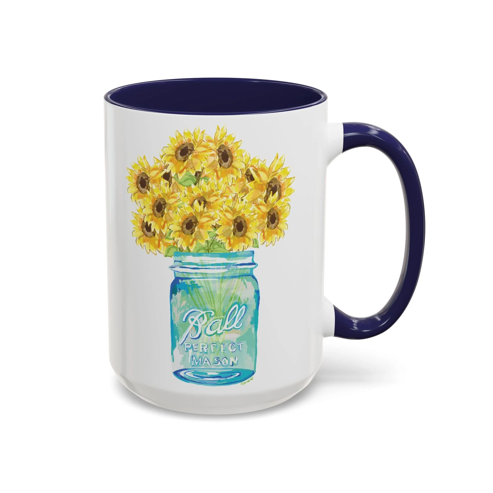 Sunflower mason jar two tone ceramic mug 15oz Navy blue