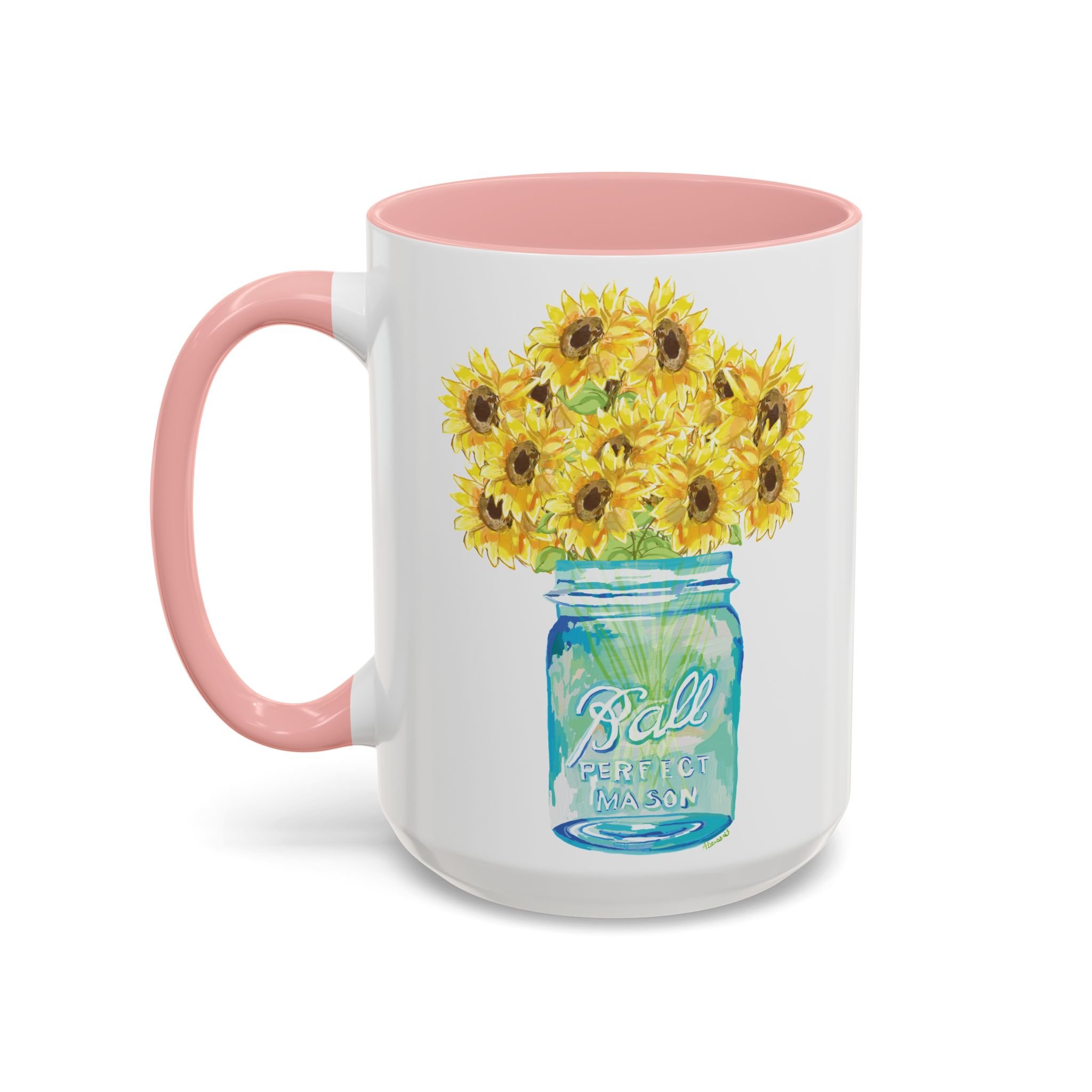 Sunflower mason jar two tone ceramic mug 15oz pink