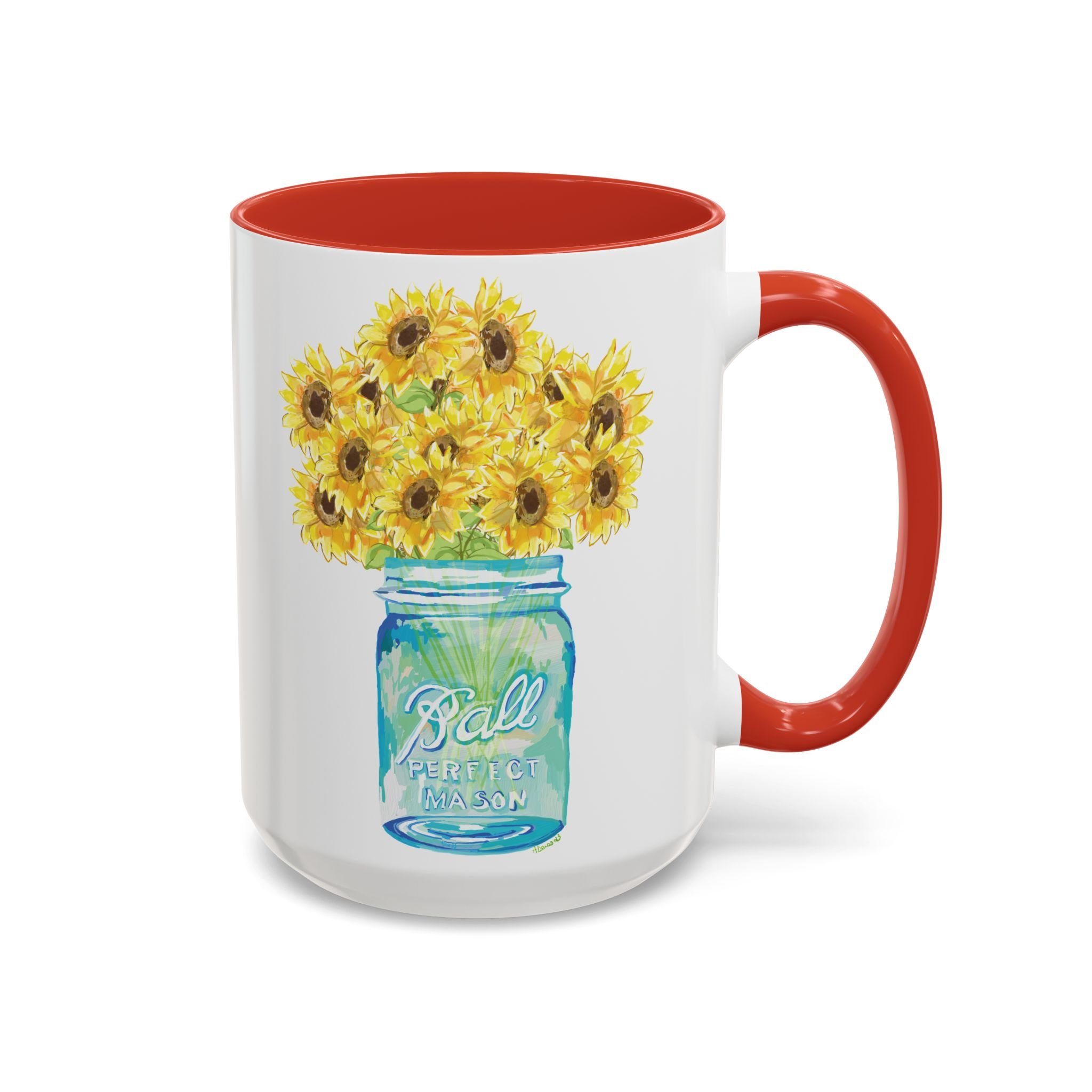 Sunflower mason jar two tone ceramic mug 15oz red