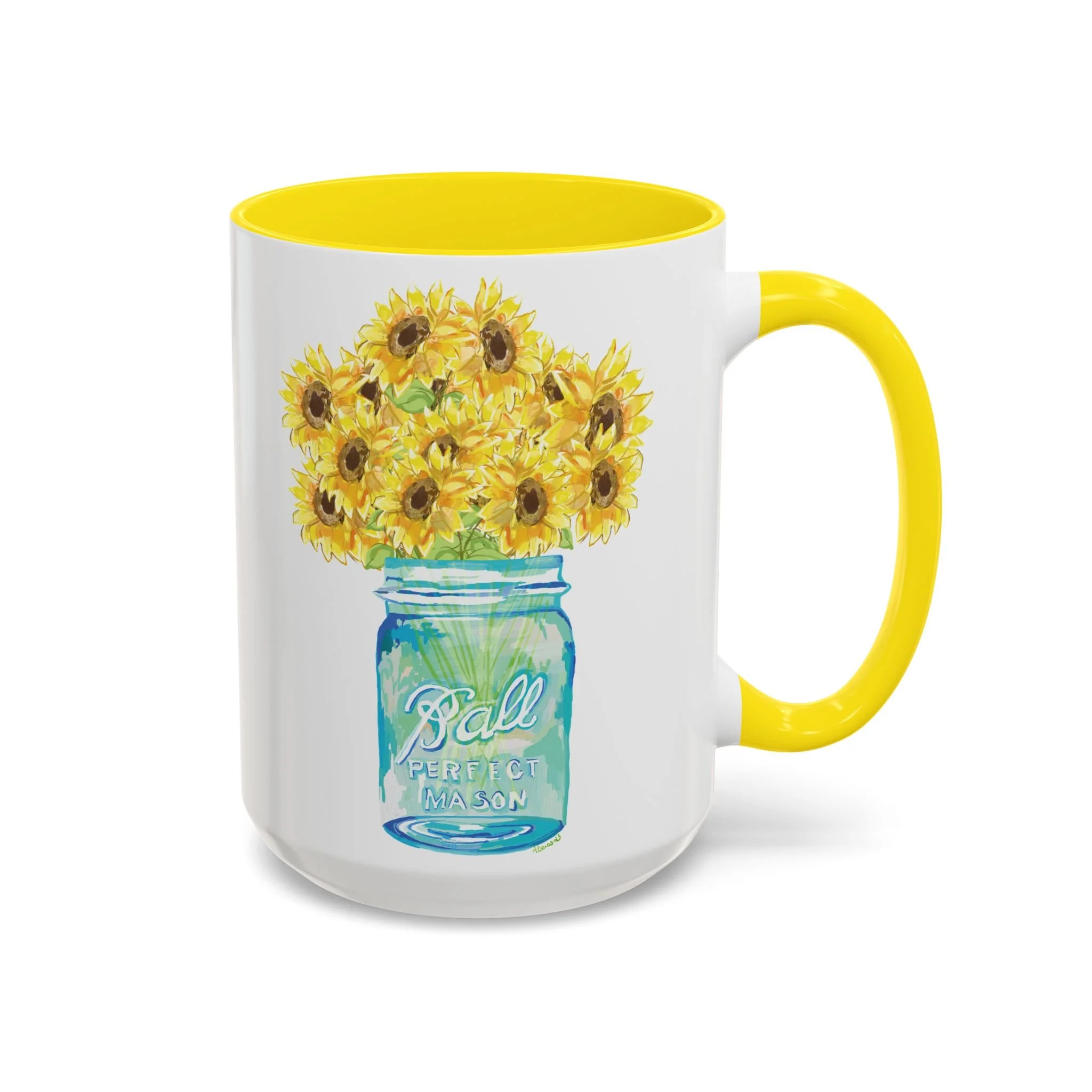 Sunflower mason jar two tone ceramic mug 15oz yellow