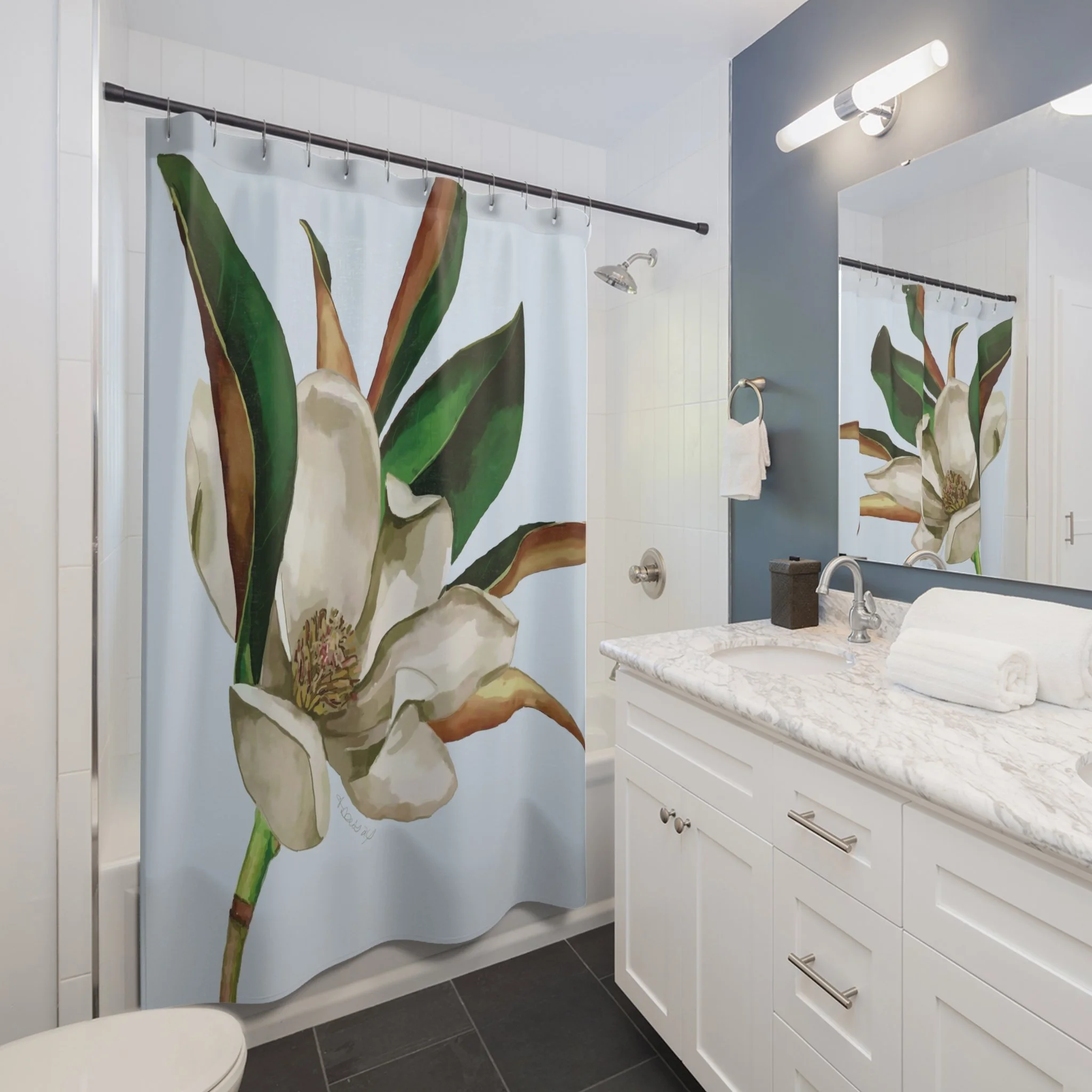 Magnolia Shower Curtain 71” x 74” Light blue background
