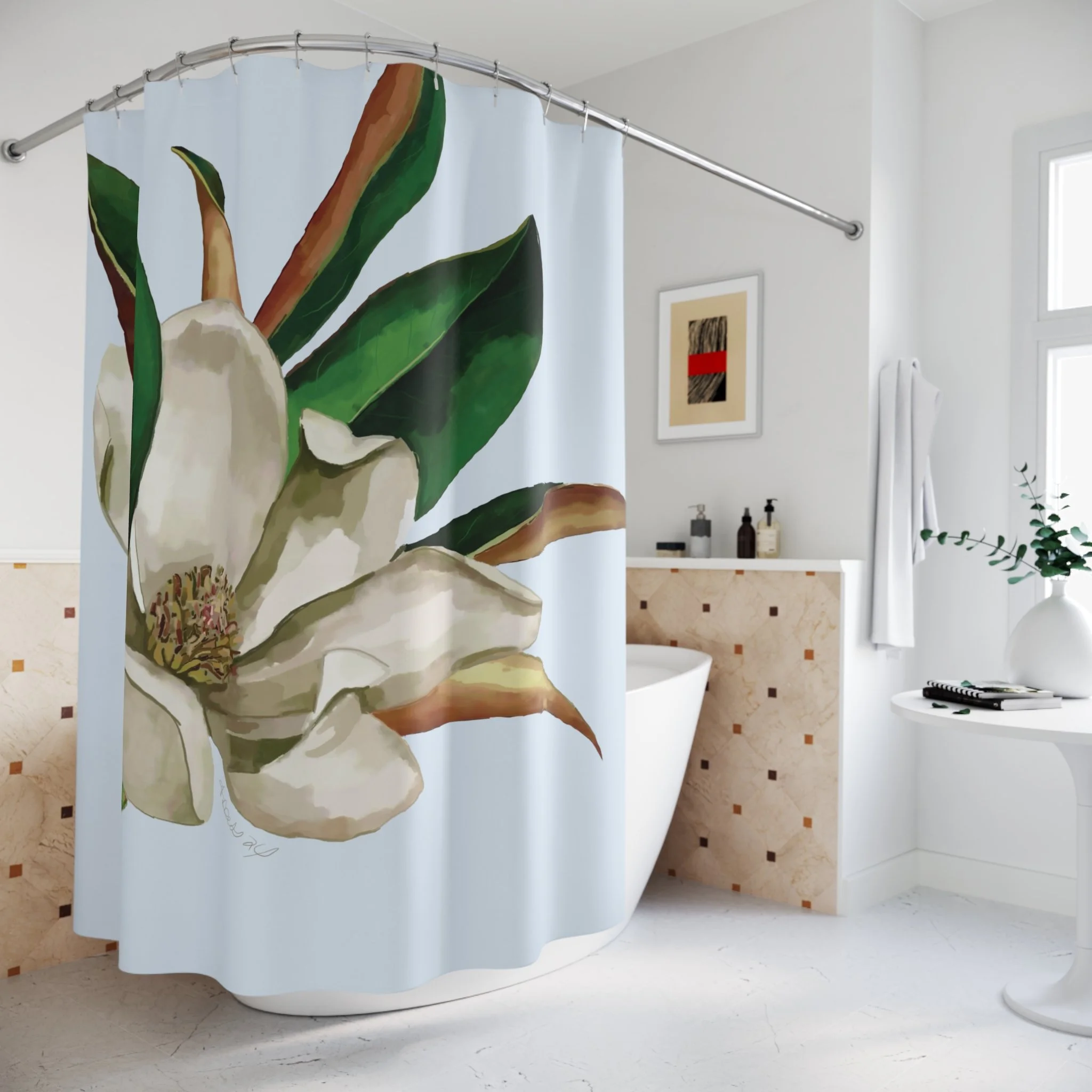 Magnolia Shower Curtain 71” x 74” blue background