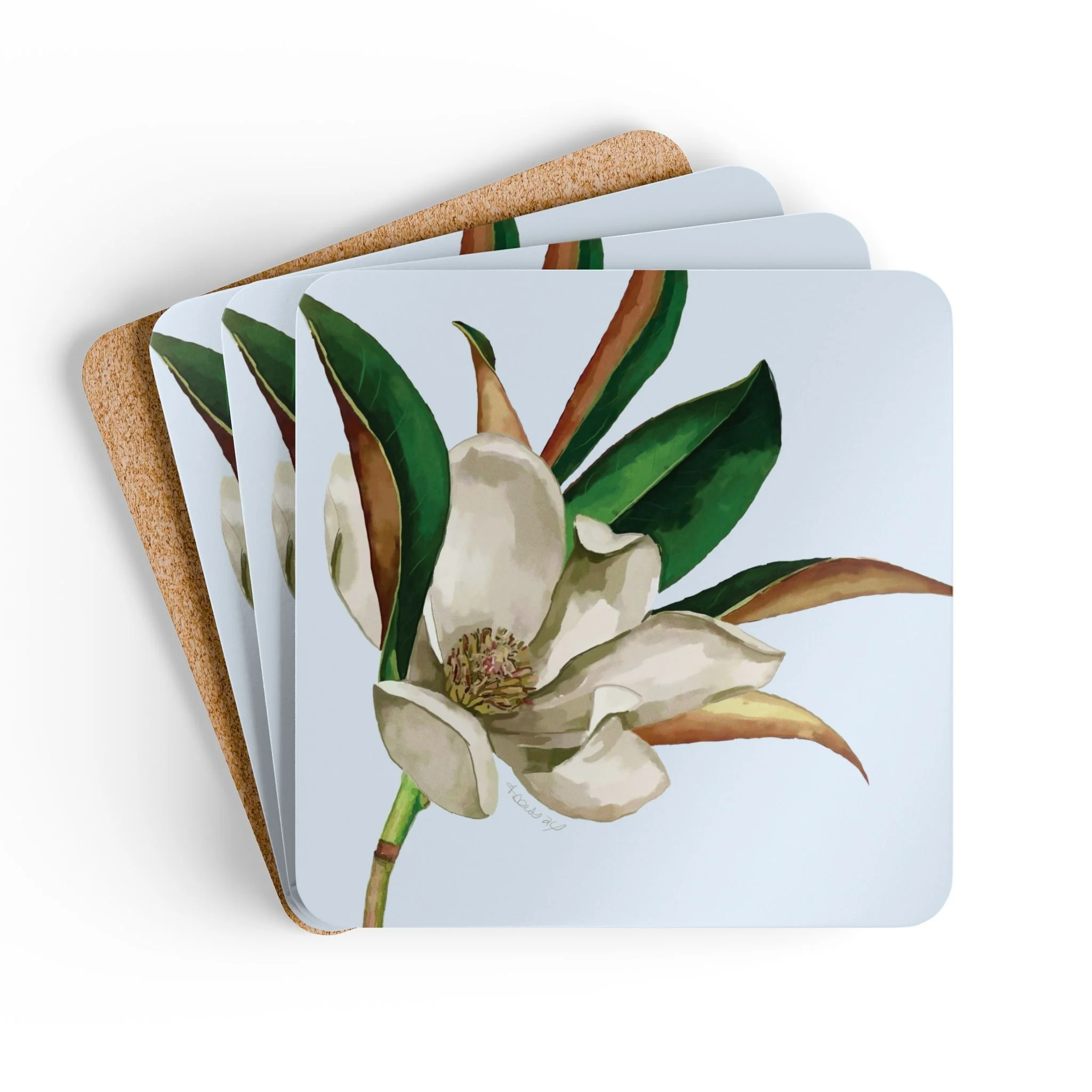 light blue Magnolia hardboard cork back coaster set of 4