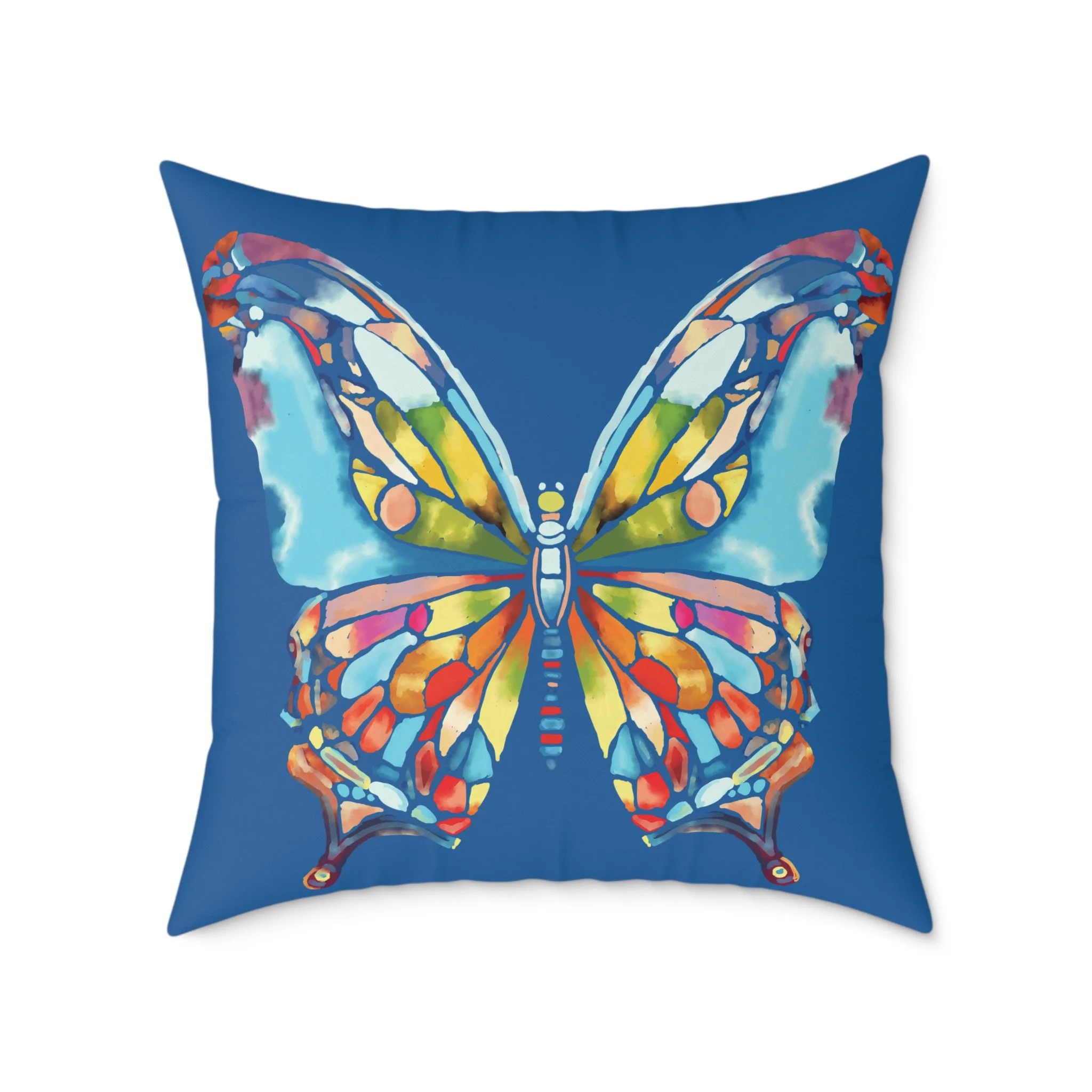 Colorful Stained-Glass Butterfly Pillow — Blue Decorative Throw Cushion