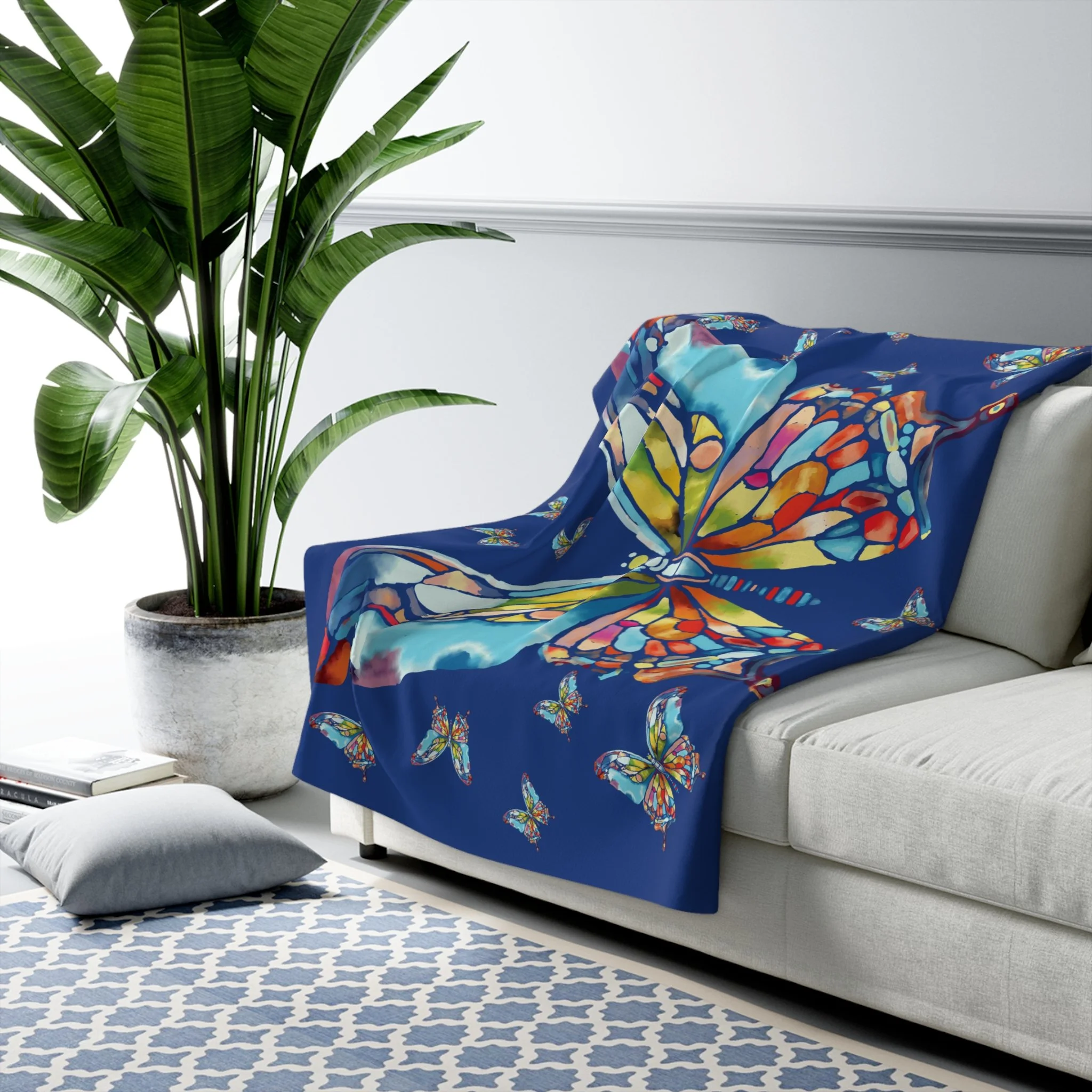 Watercolor Butterfly Mosaic Sherpa Fleece Blanket 50" x 60"