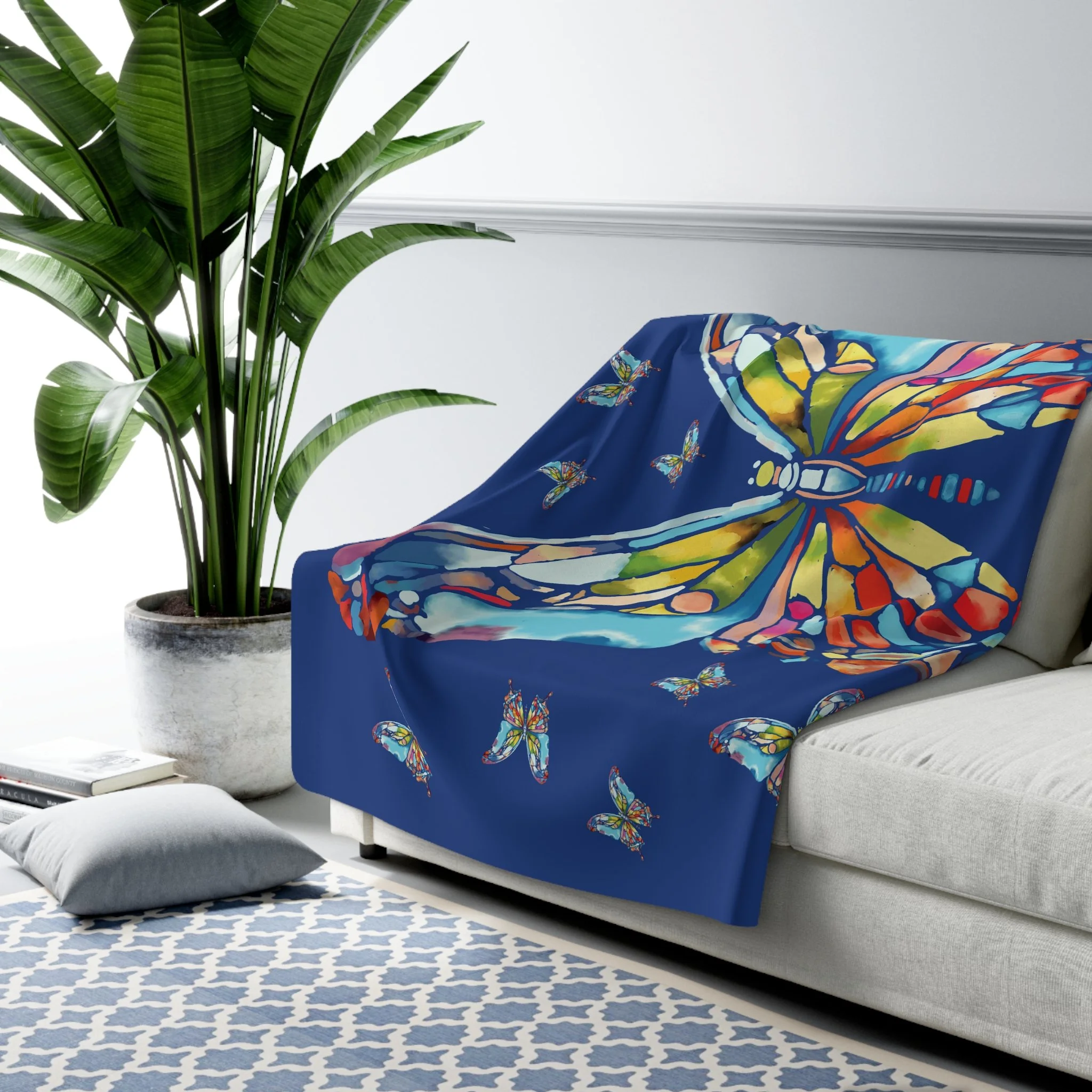 Watercolor Butterfly Mosaic Sherpa Fleece Blanket 60" x 80"