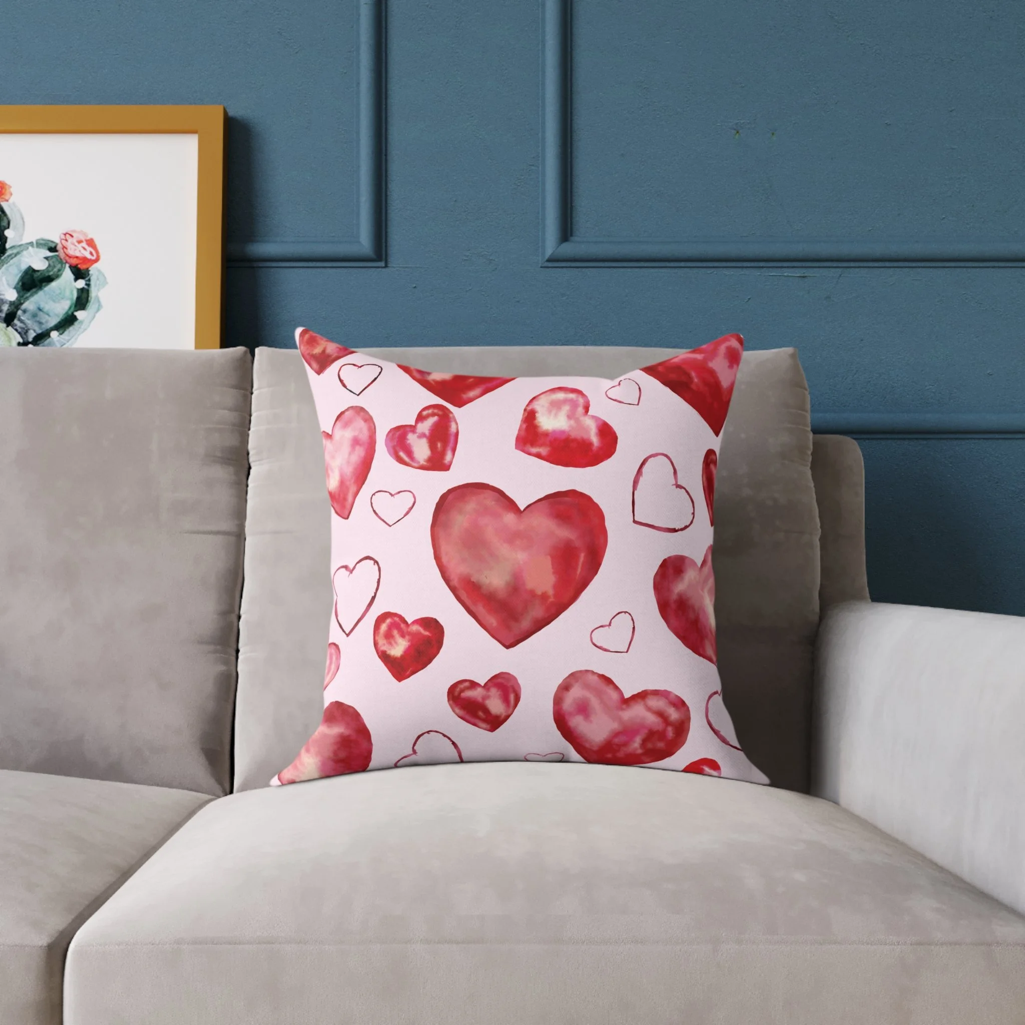 Heart Watercolor Pillow – Pink Valentine Decorative Throw Pillow 18"
