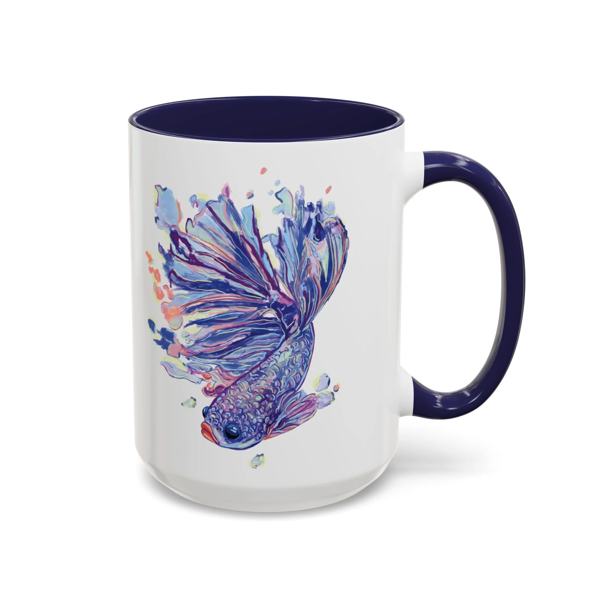 Watercolor Betta Fish Two Tone Ceramic Coffee Mugs 15oz Navy