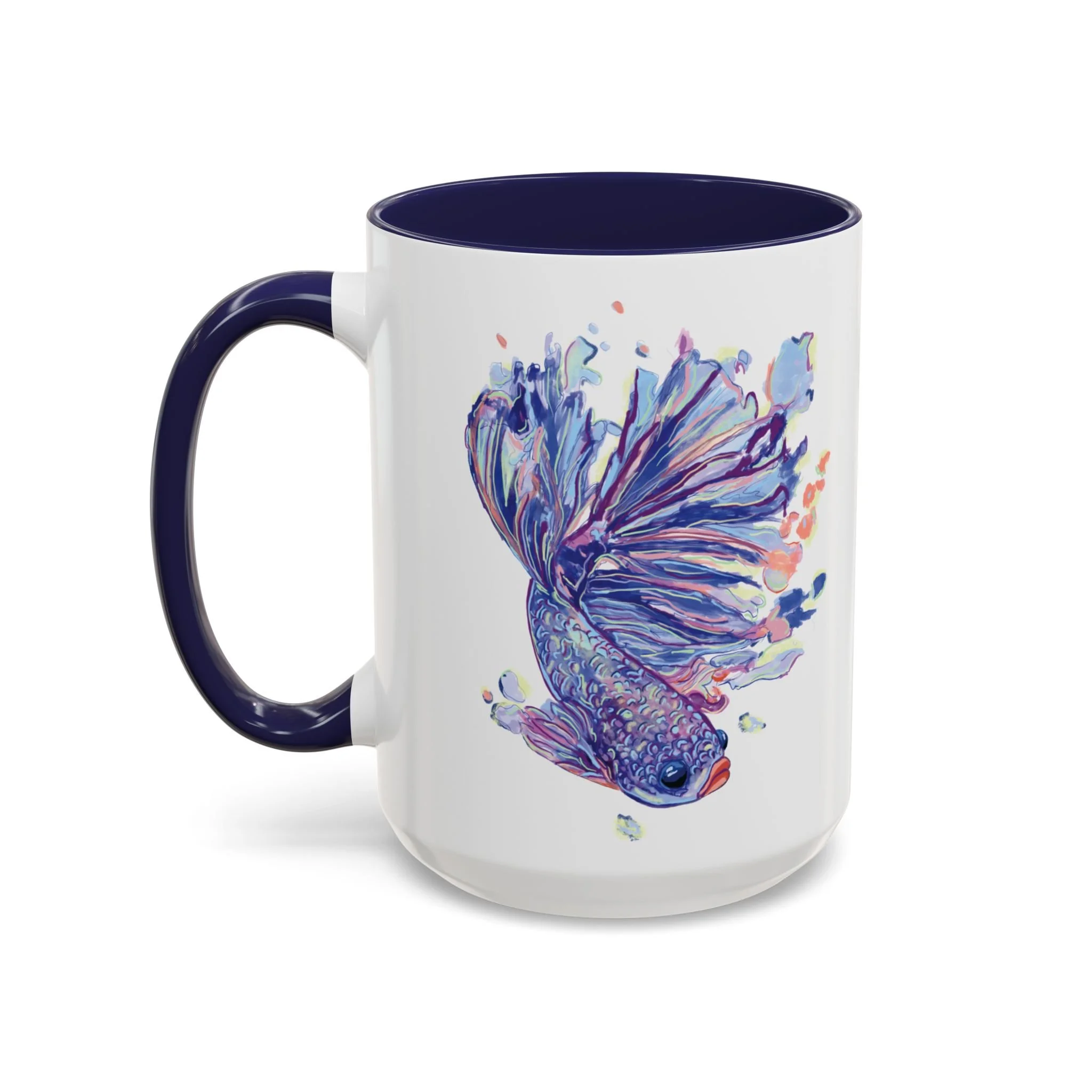 Watercolor Betta Fish Two Tone Ceramic Coffee Mugs 15oz Navy