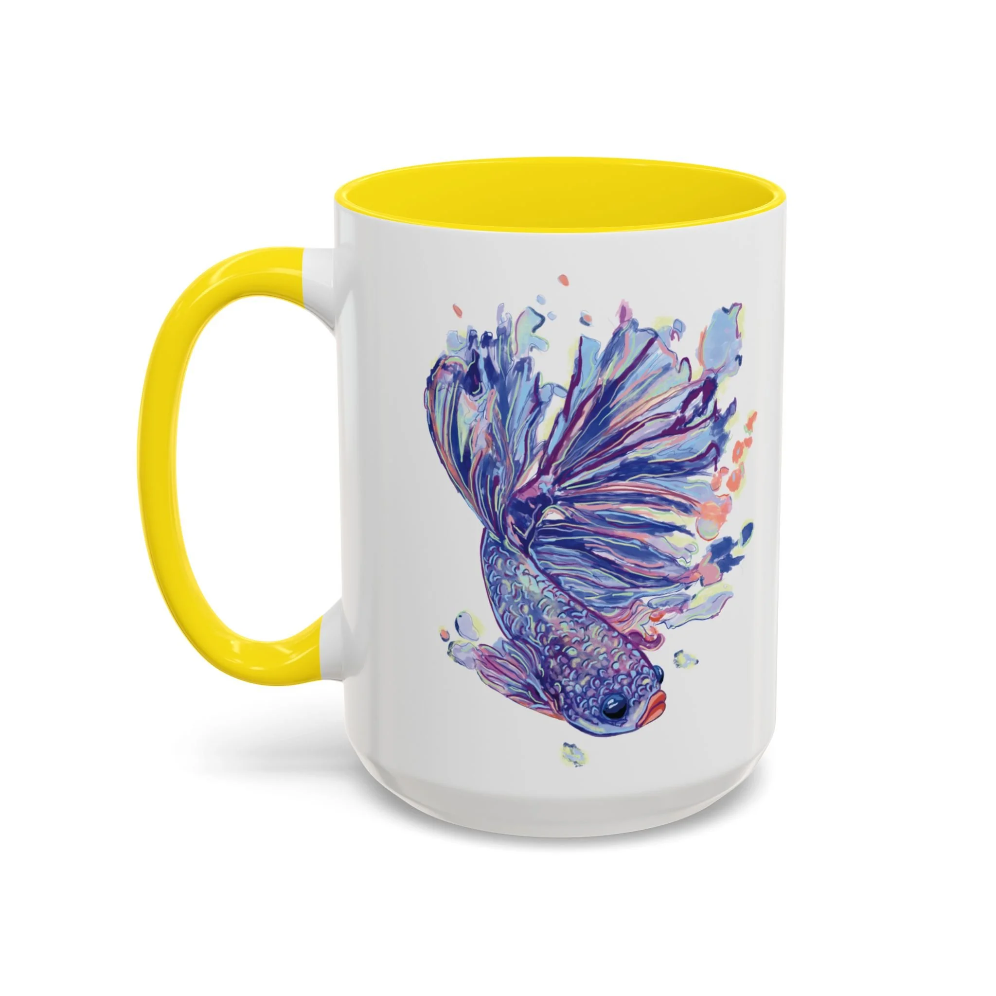 Watercolor Betta Fish Two Tone Ceramic Coffee Mugs 15oz Yellow