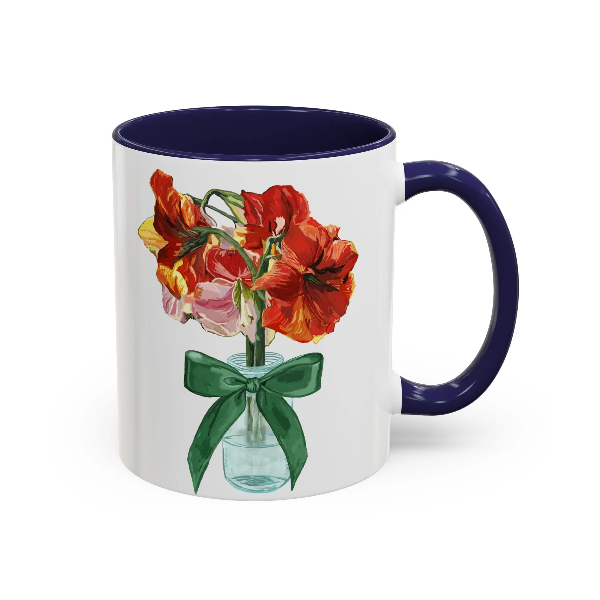 Amaryllis Bouquet Two Tone Ceramic Coffee Mugs 11oz Navy Blue — Floral