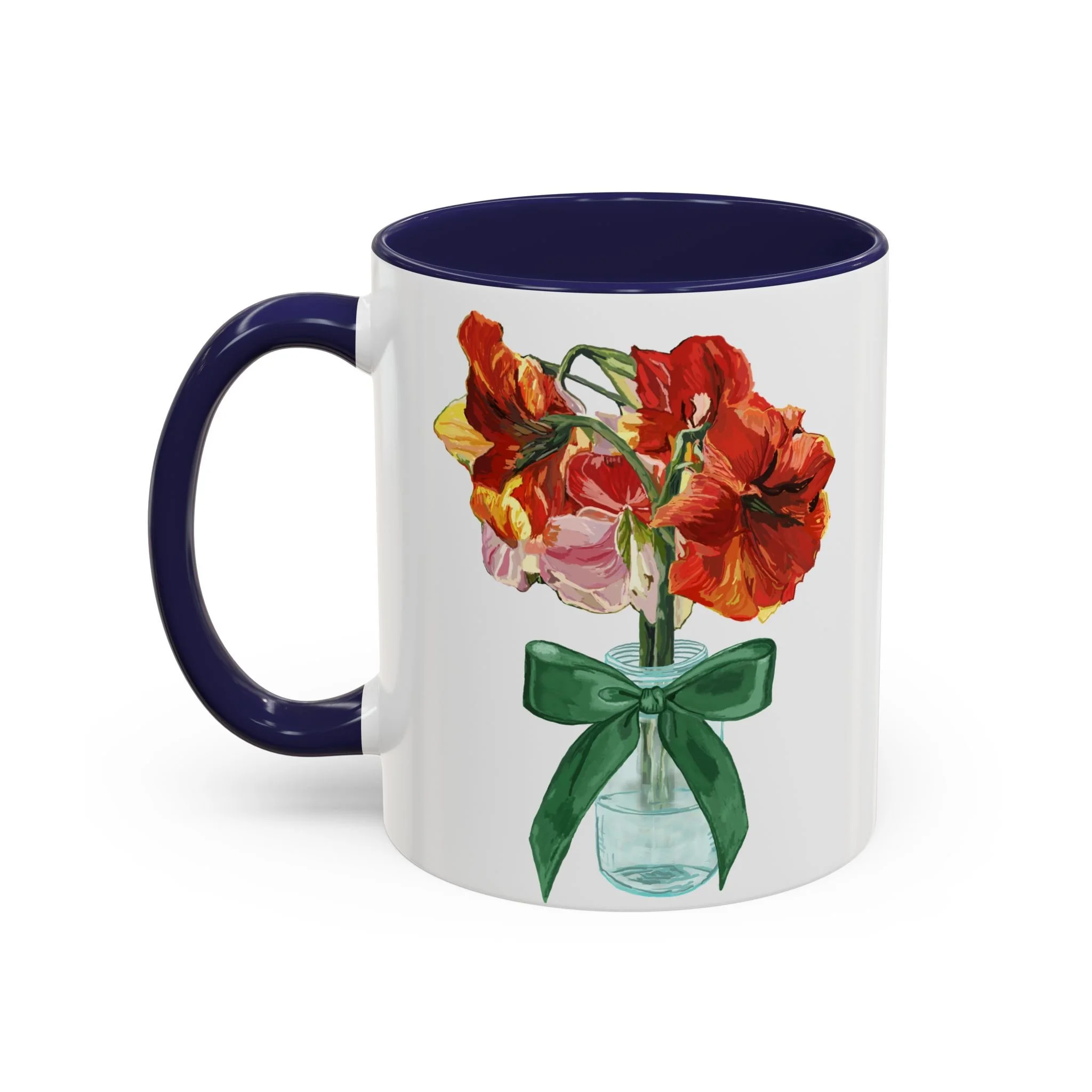 Amaryllis Bouquet Two Tone Ceramic Coffee Mugs 11oz Navy Blue — Floral