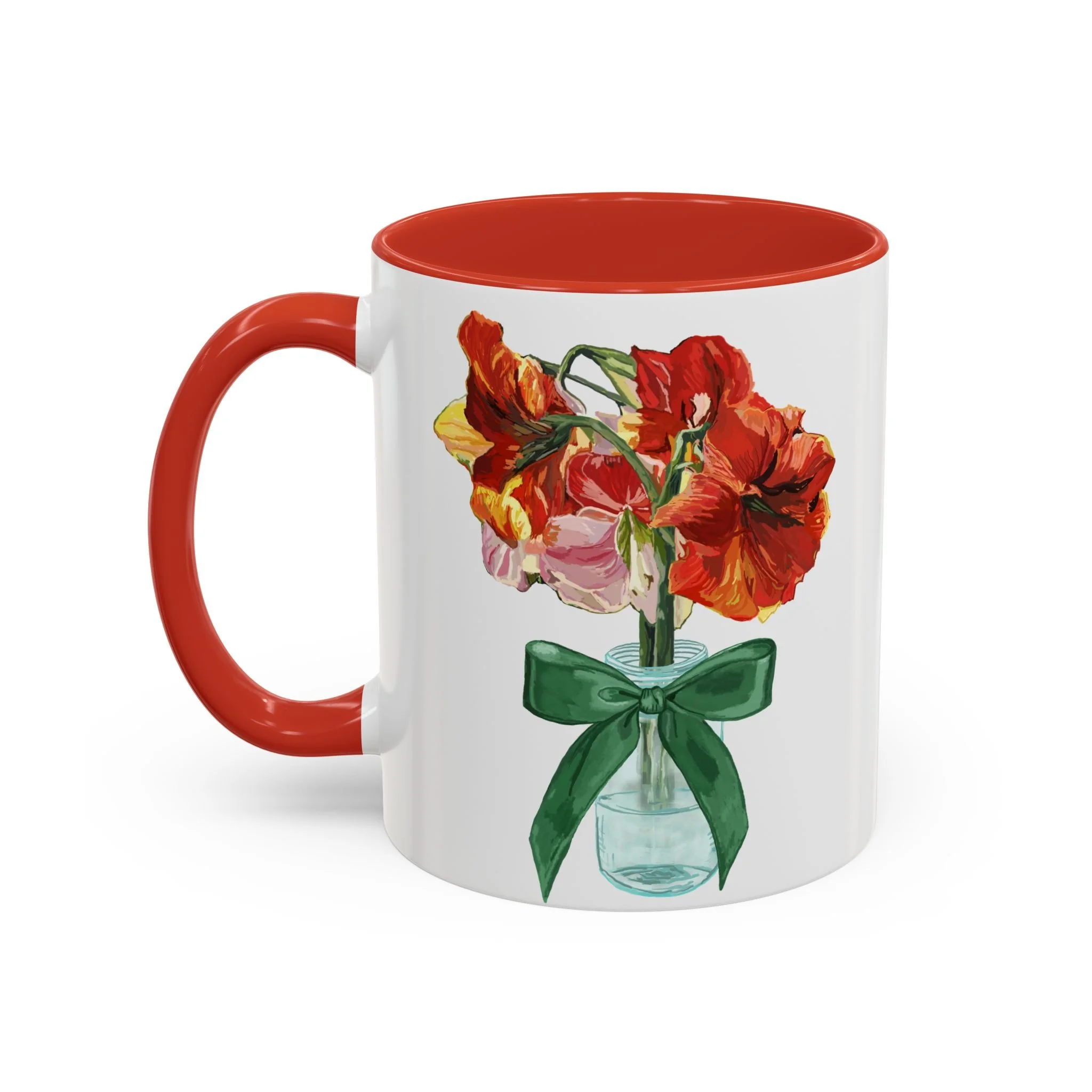 Amaryllis Bouquet Two Tone Ceramic Coffee Mugs 11oz Red — Floral