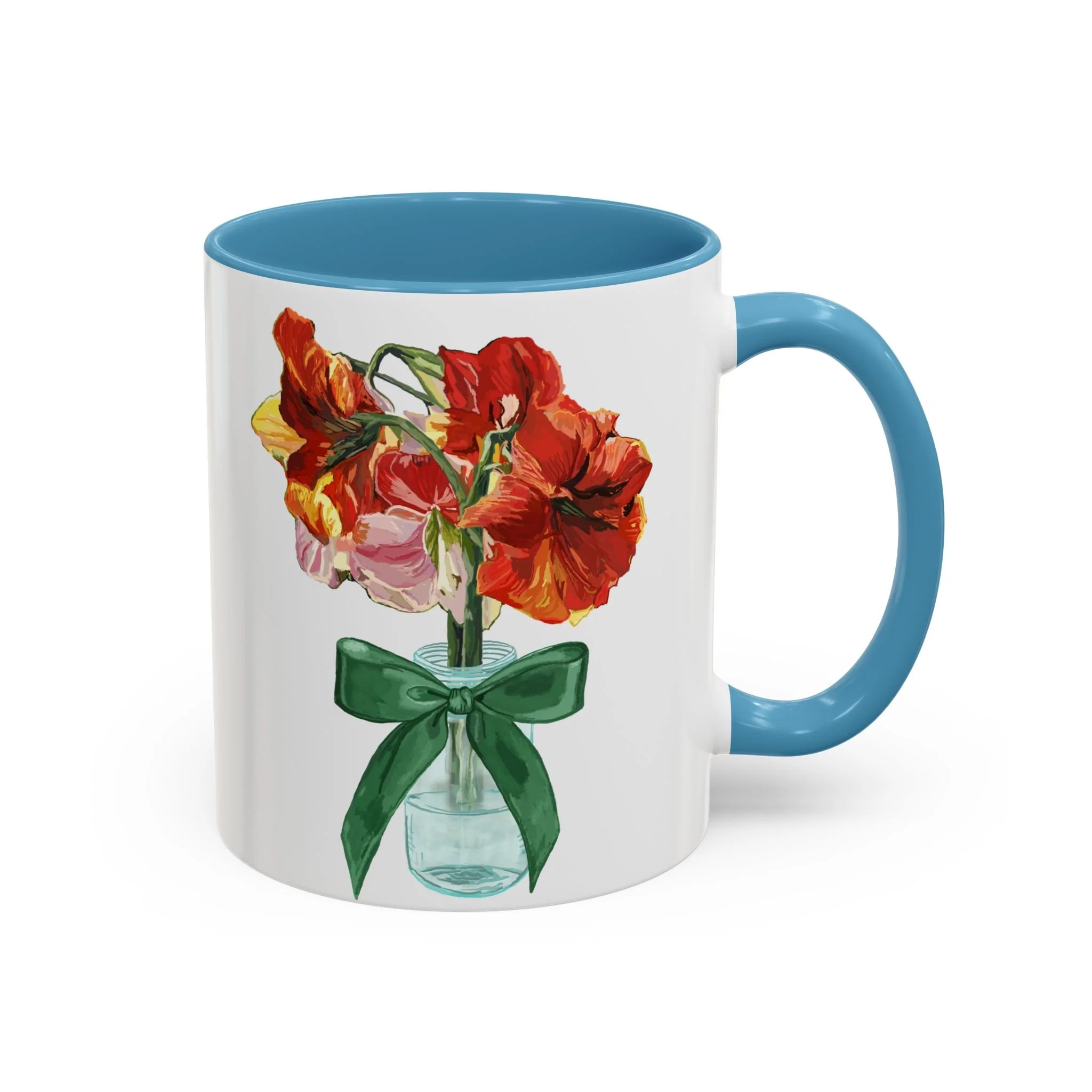 Amaryllis Bouquet Two Tone Ceramic Coffee Mugs 11oz Light Blue — Floral