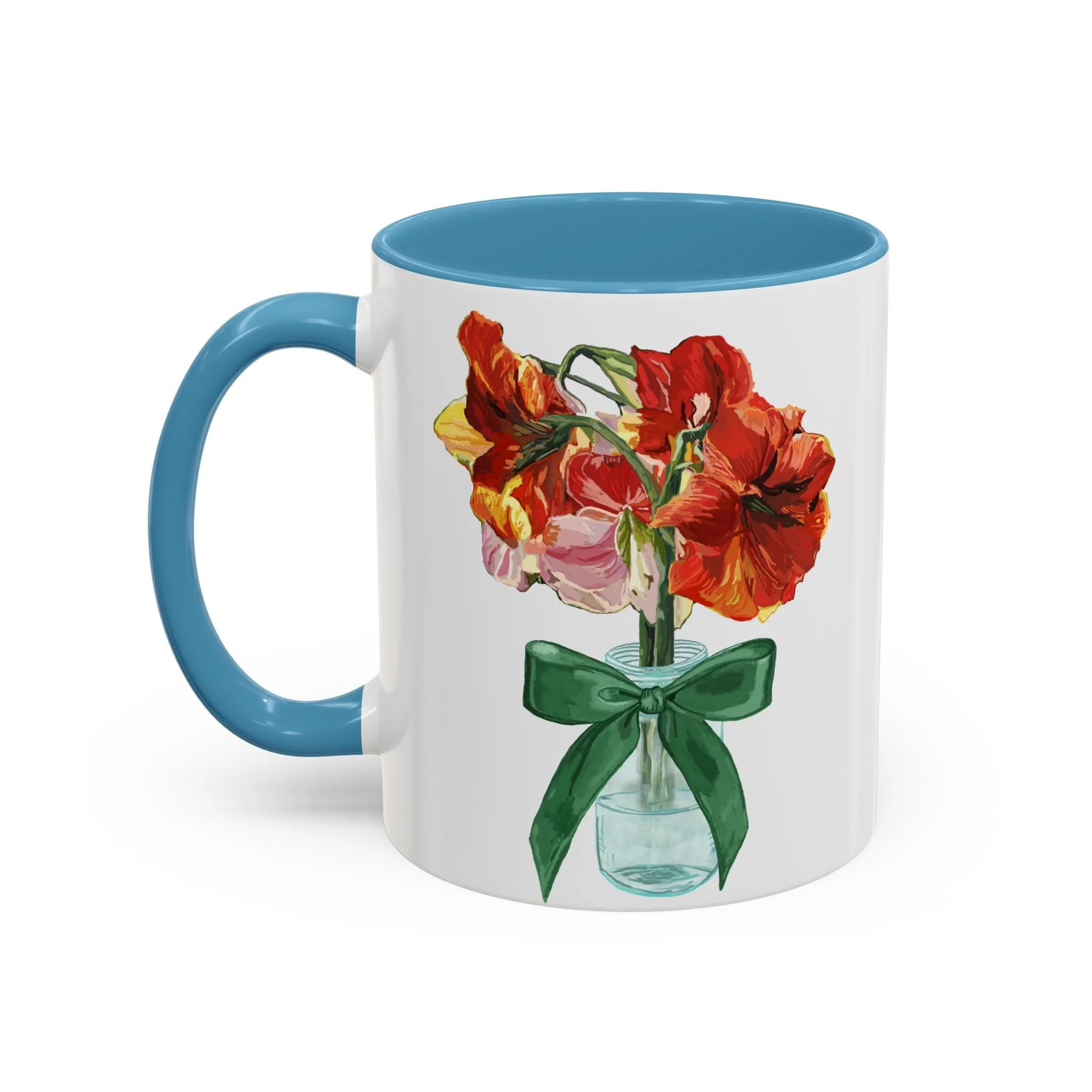 Amaryllis Bouquet Two Tone Ceramic Coffee Mugs 11oz Light Blue — Floral