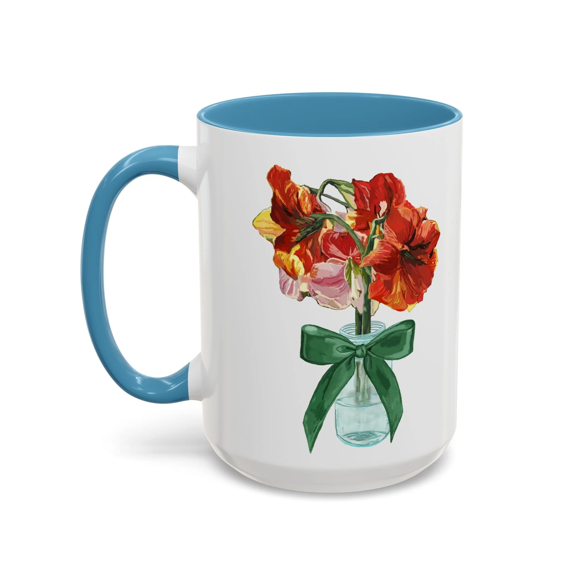 Amaryllis Bouquet Two Tone Ceramic Coffee Mugs 15oz Light Blue — Floral