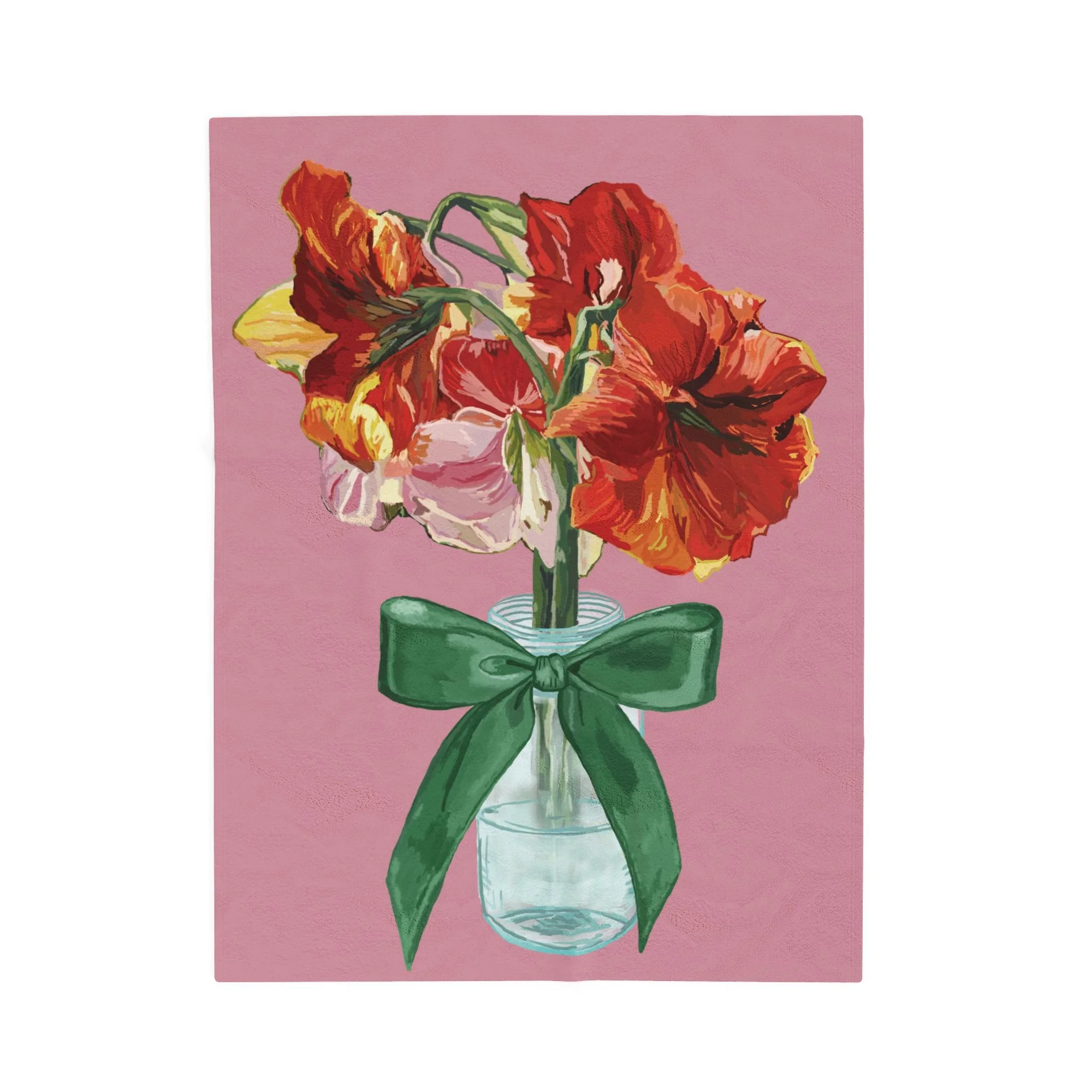 Velveteen Plush Blanket — Vintage Red Amaryllis in Vase Floral Throw