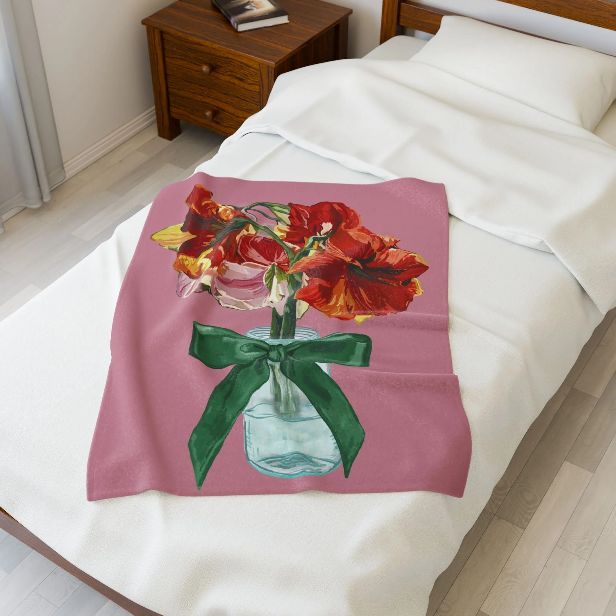 Velveteen Plush Blanket — Vintage Red Amaryllis in Vase Floral Throw