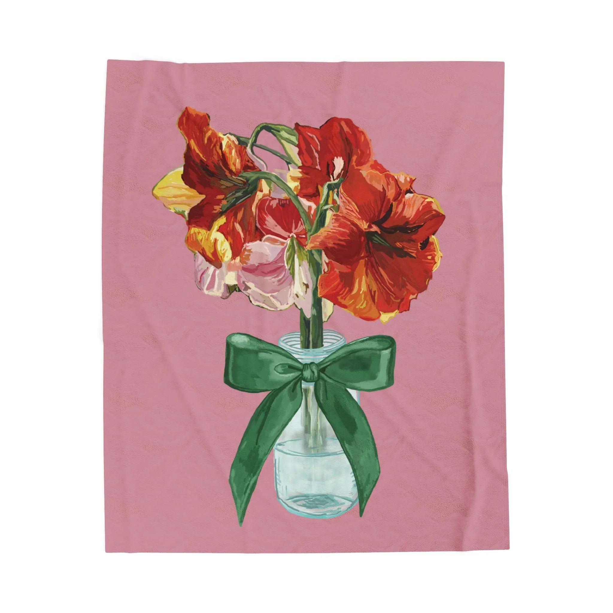 Velveteen Plush Blanket — Vintage Red Amaryllis in Vase Floral Throw