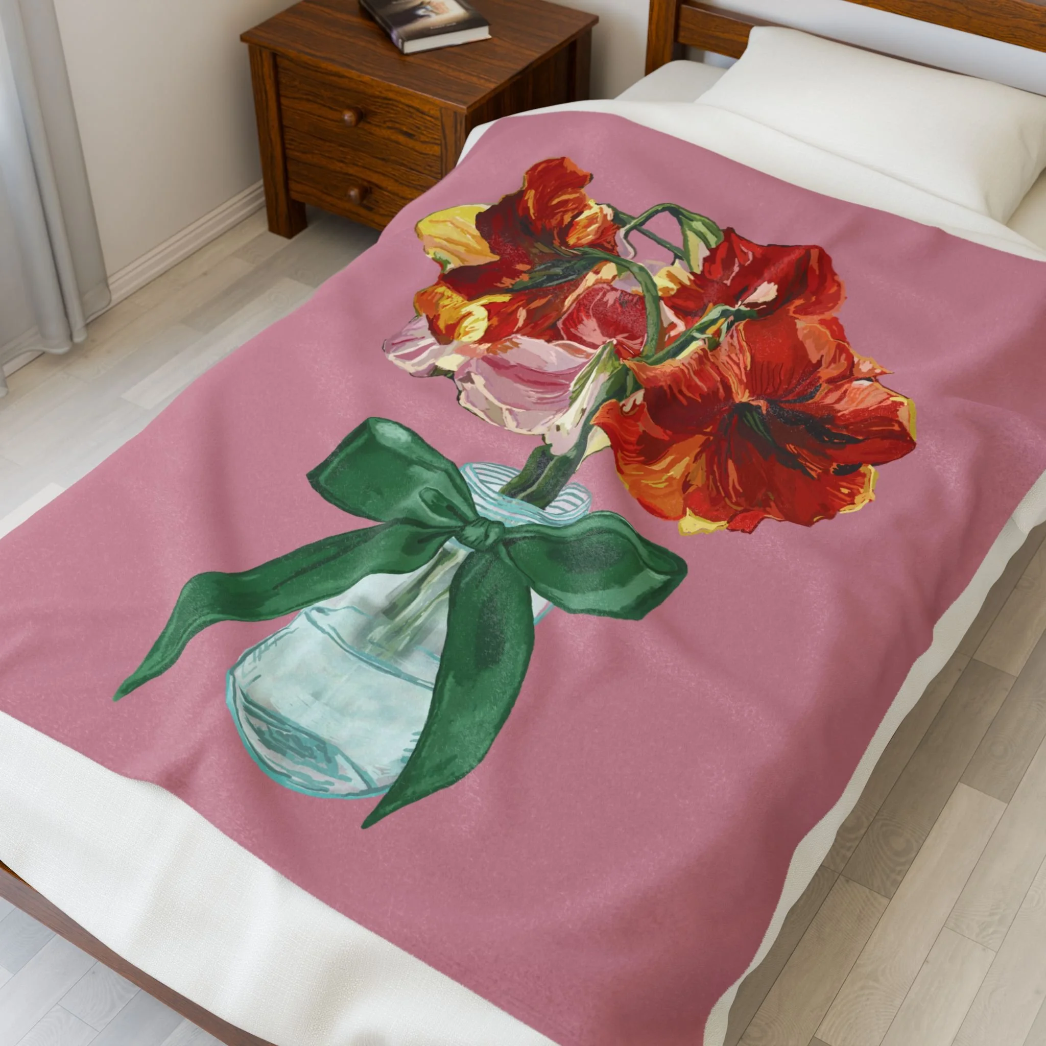 Velveteen Plush Blanket — Vintage Red Amaryllis in Vase Floral Throw