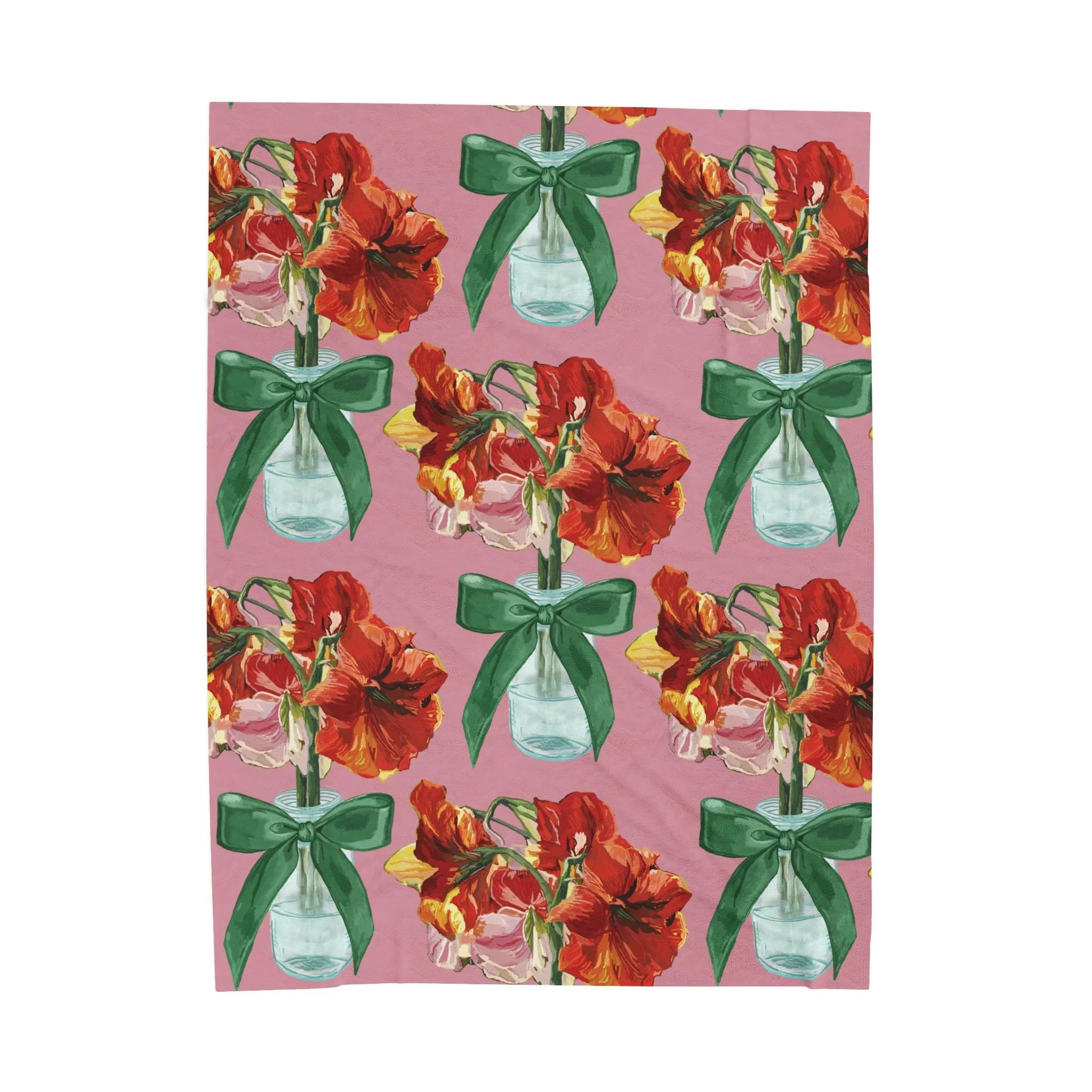 Velveteen Plush Blanket — Vintage Red Amaryllis in Vase Floral Throw
