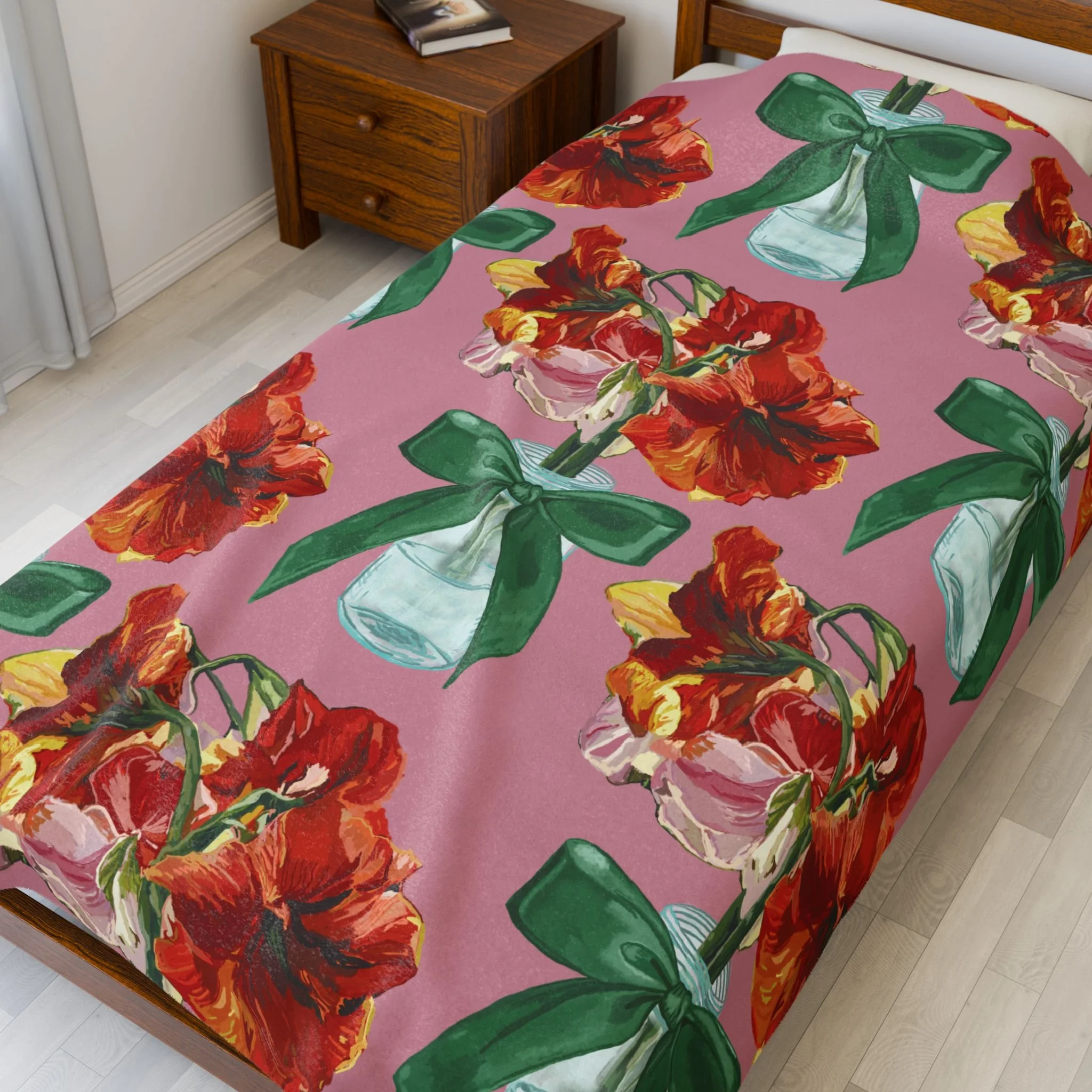Velveteen Plush Blanket — Vintage Red Amaryllis in Vase Floral Throw