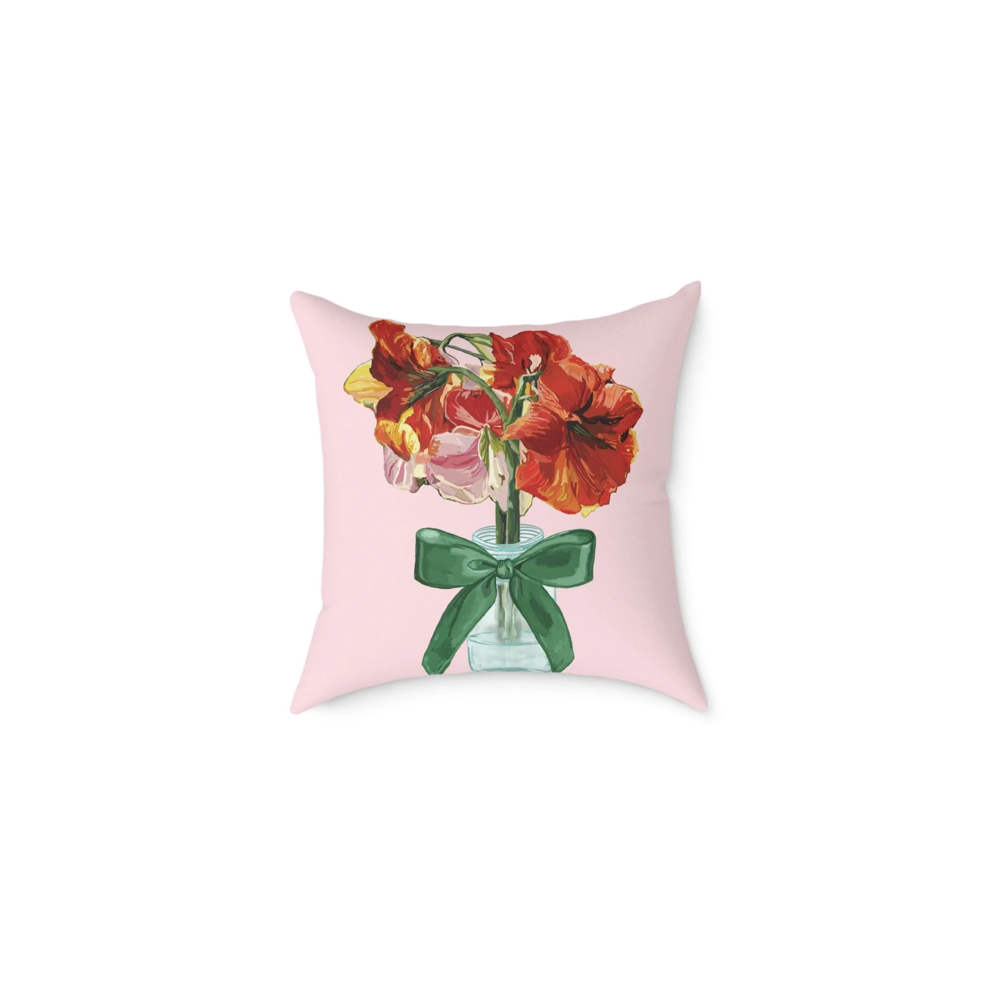 Floral Amaryllis Pillow 16" — Pink Canvas Throw Pillow with Red Blooms & Green Bow