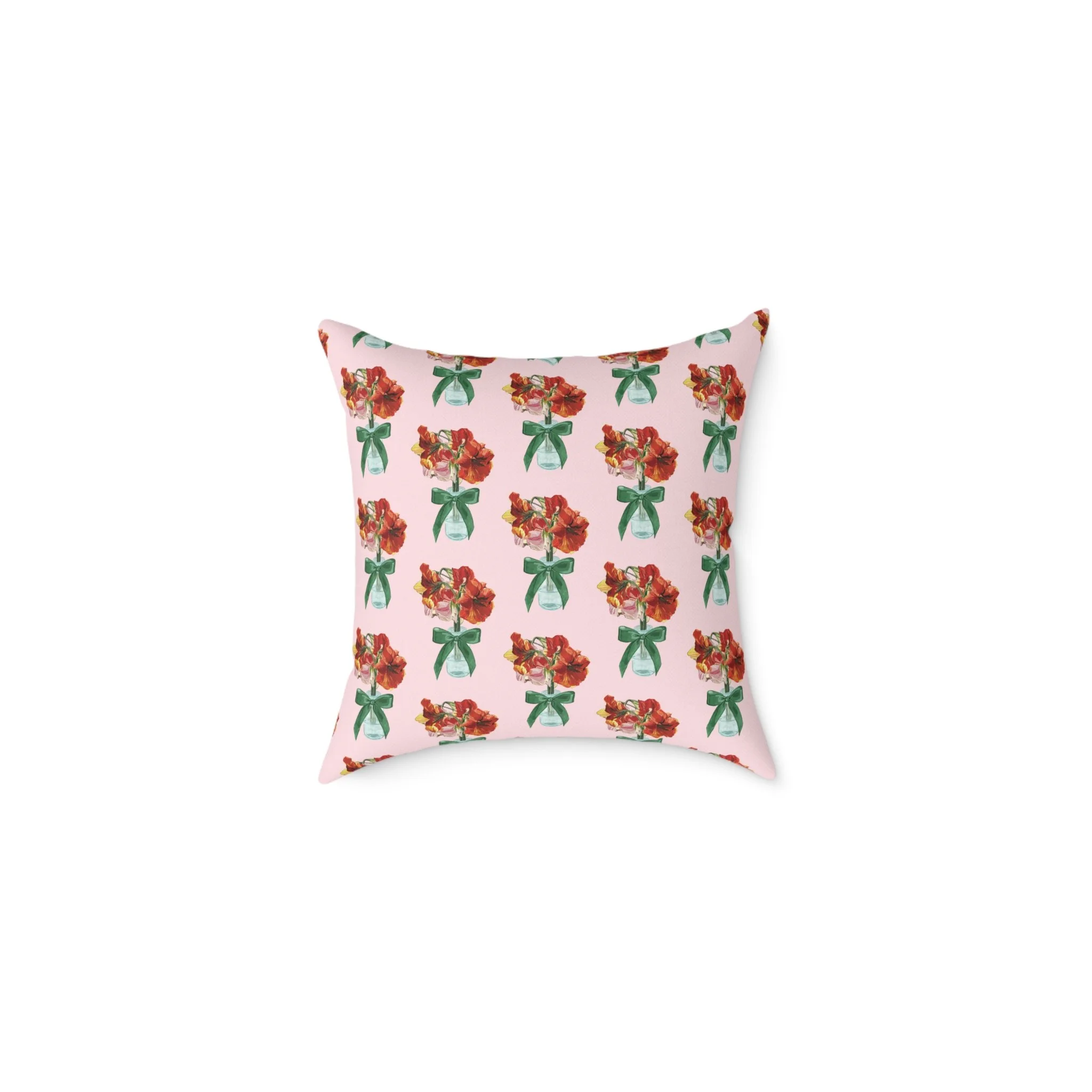 Floral Amaryllis Pillow — Pink Canvas Throw Pillow with Red Blooms & Green Bow 16"