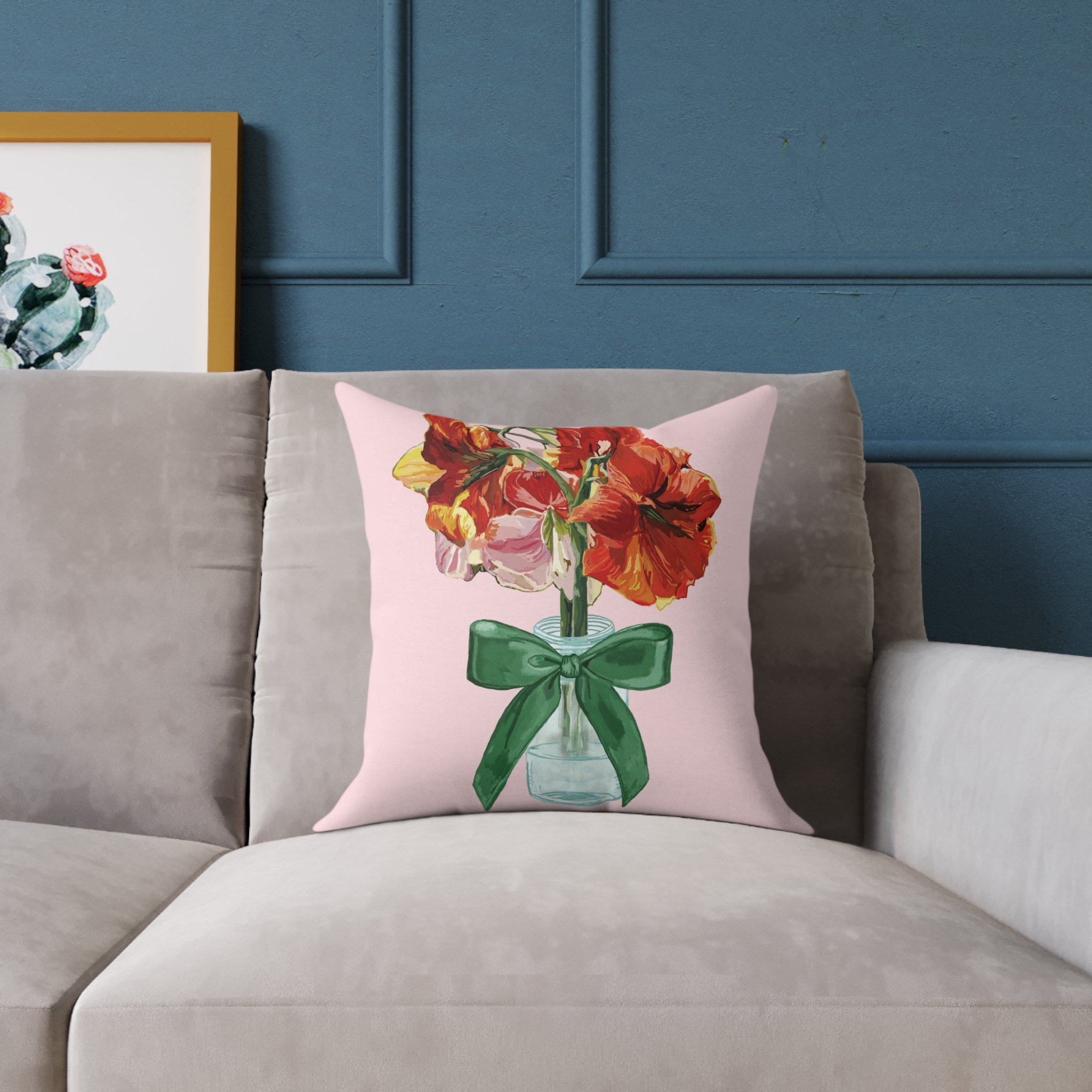 Floral Amaryllis Pillow — Pink Canvas Throw Pillow with Red Blooms & Green Bow 16"