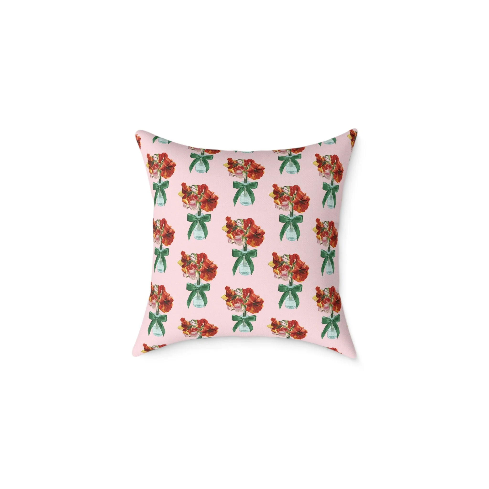 Floral Amaryllis Pillow — Pink Canvas Throw Pillow with Red Blooms & Green Bow 18"