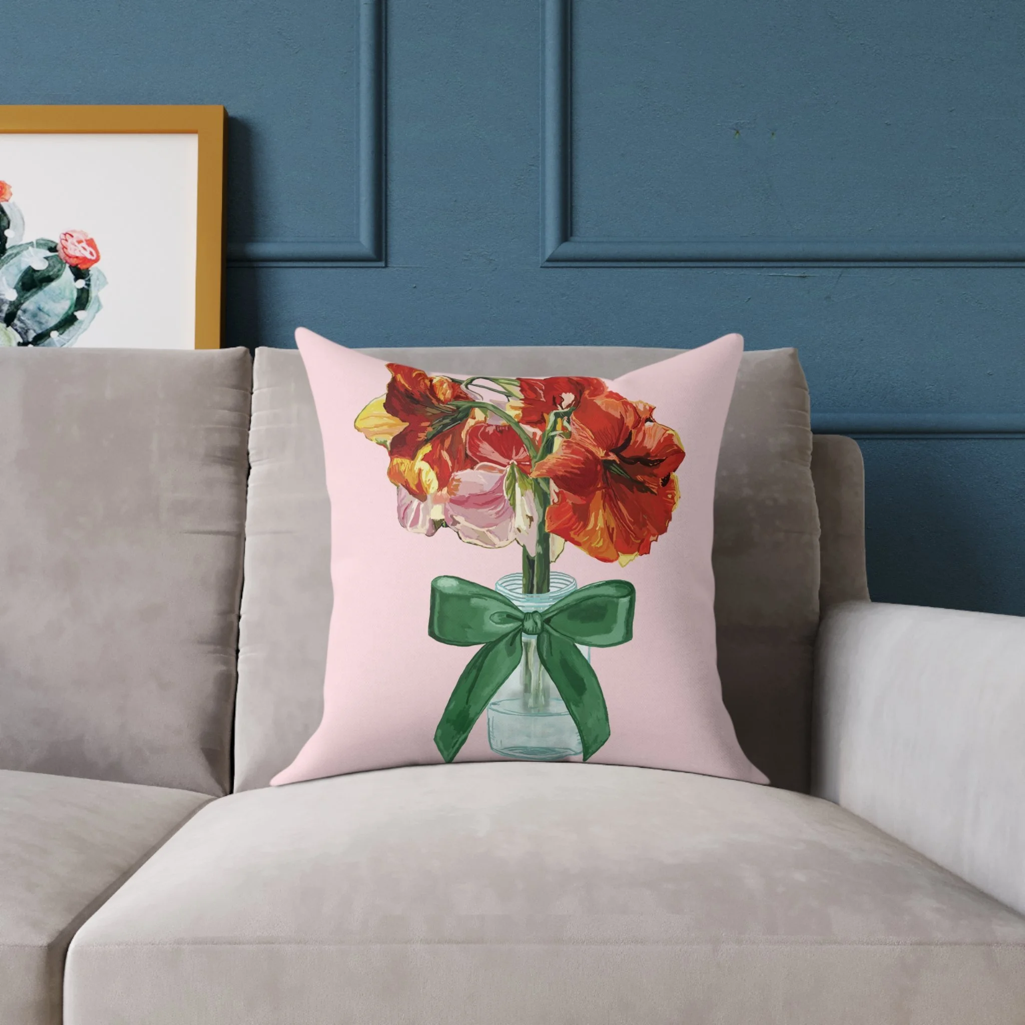 Floral Amaryllis Pillow — Pink Canvas Throw Pillow with Red Blooms & Green Bow 18"