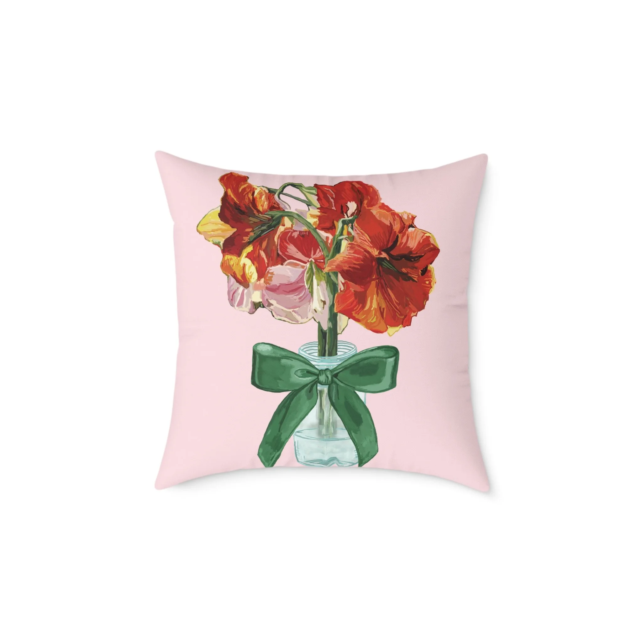 Floral Amaryllis Pillow — Pink Canvas Throw Pillow with Red Blooms & Green Bow 20"