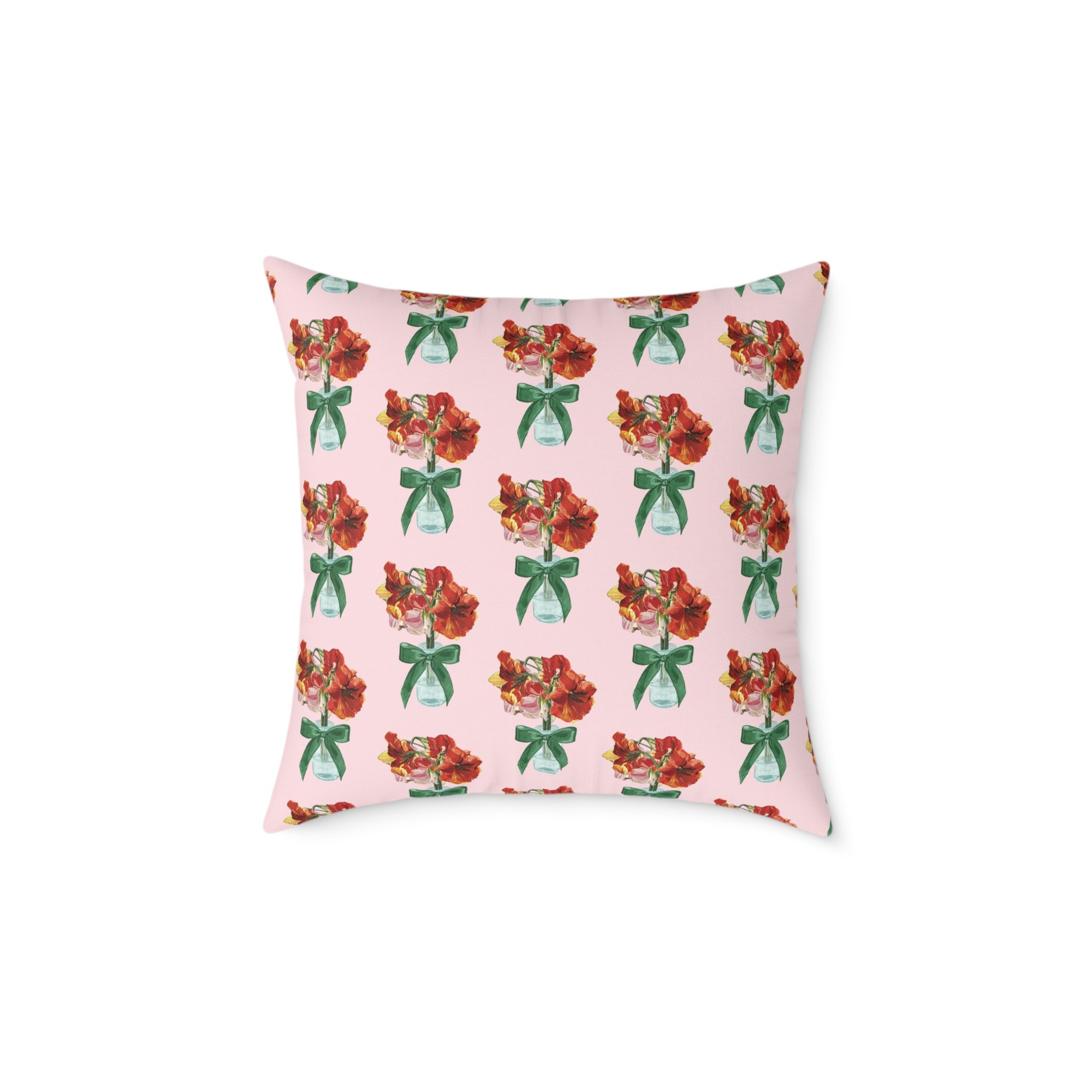 Floral Amaryllis Pillow — Pink Canvas Throw Pillow with Red Blooms & Green Bow 20"