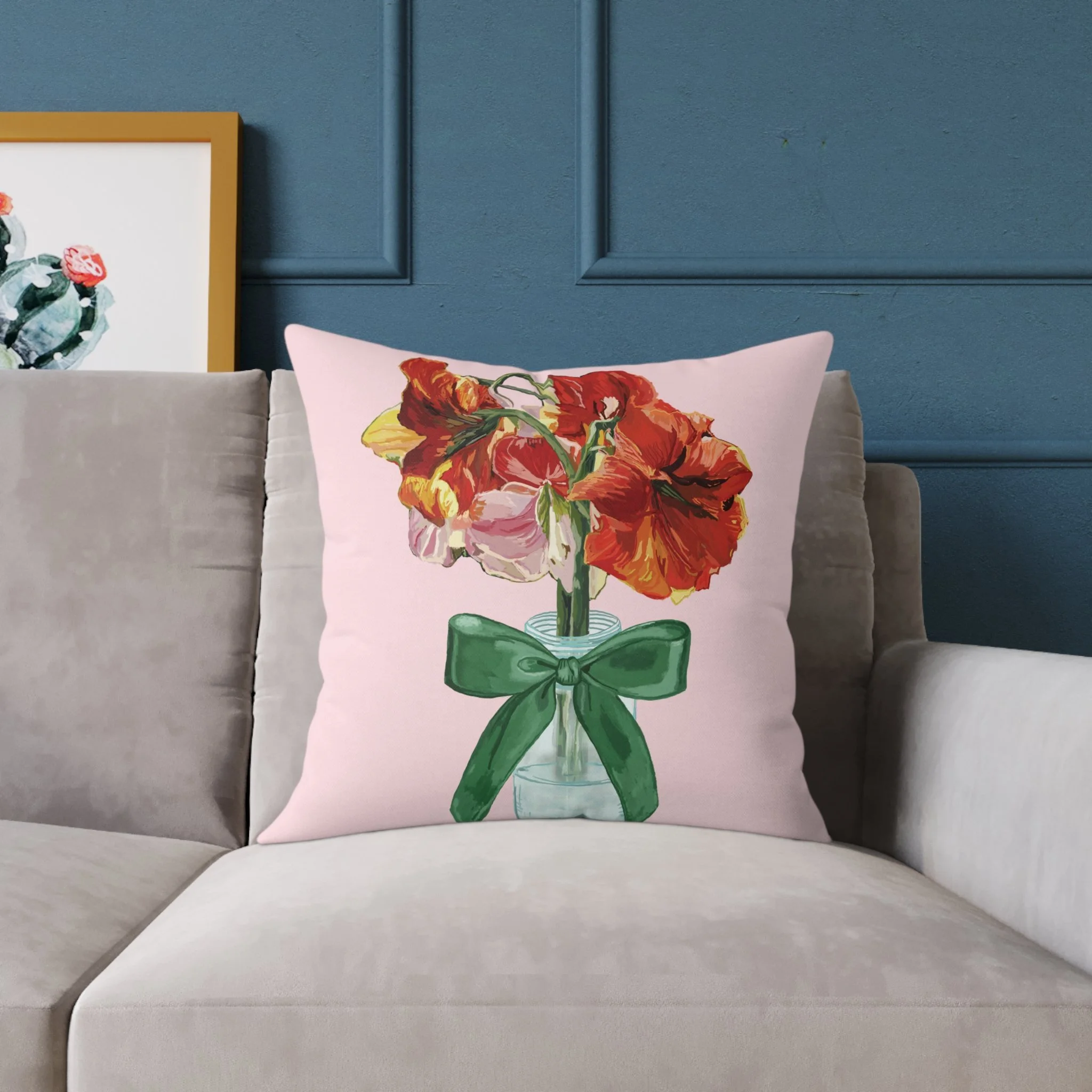 Floral Amaryllis Pillow — Pink Canvas Throw Pillow with Red Blooms & Green Bow 20"