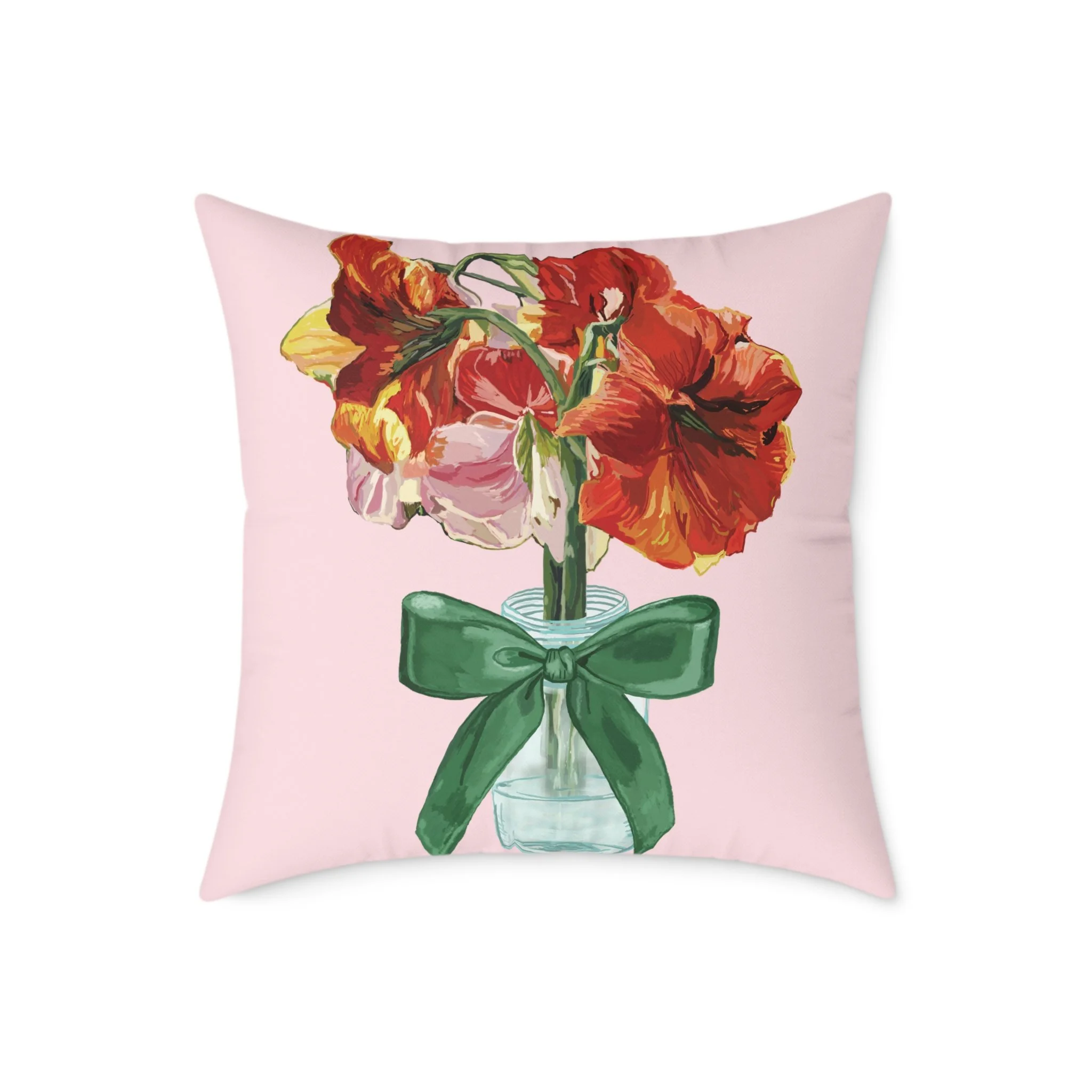 Floral Amaryllis Pillow — Pink Canvas Throw Pillow with Red Blooms & Green Bow 24"