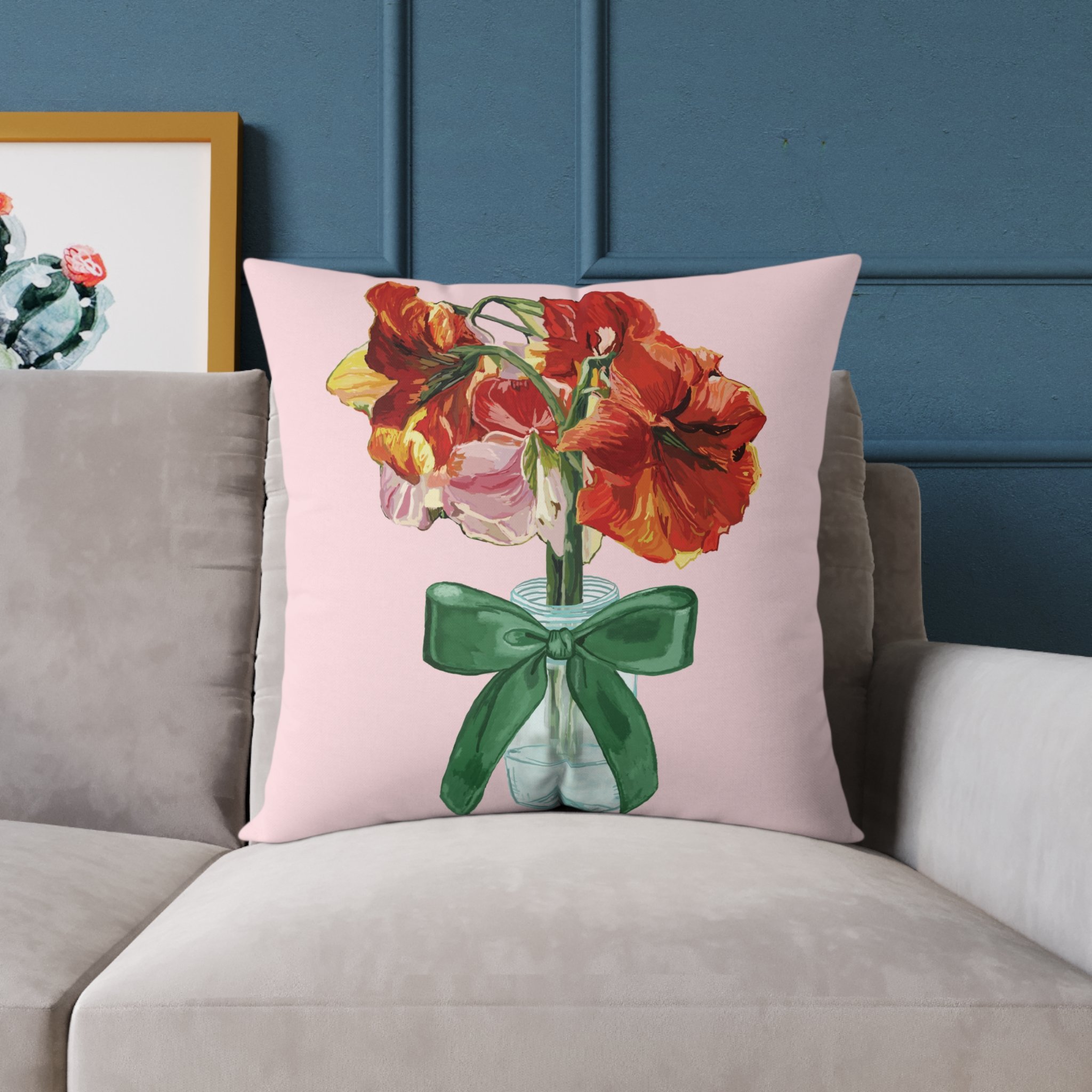 Floral Amaryllis Pillow — Pink Canvas Throw Pillow with Red Blooms & Green Bow 24"