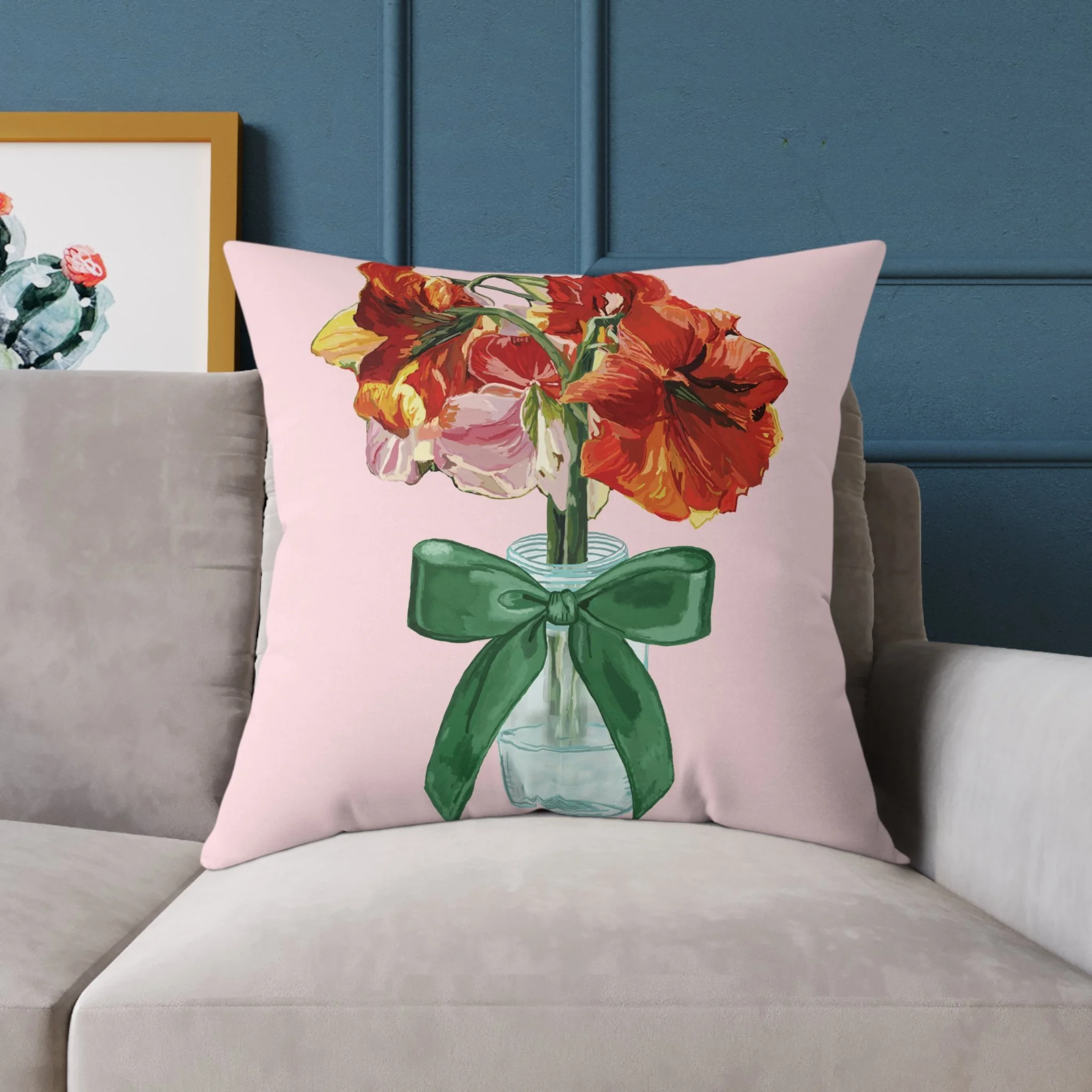 Floral Amaryllis Pillow — Pink Canvas Throw Pillow with Red Blooms & Green Bow 26"