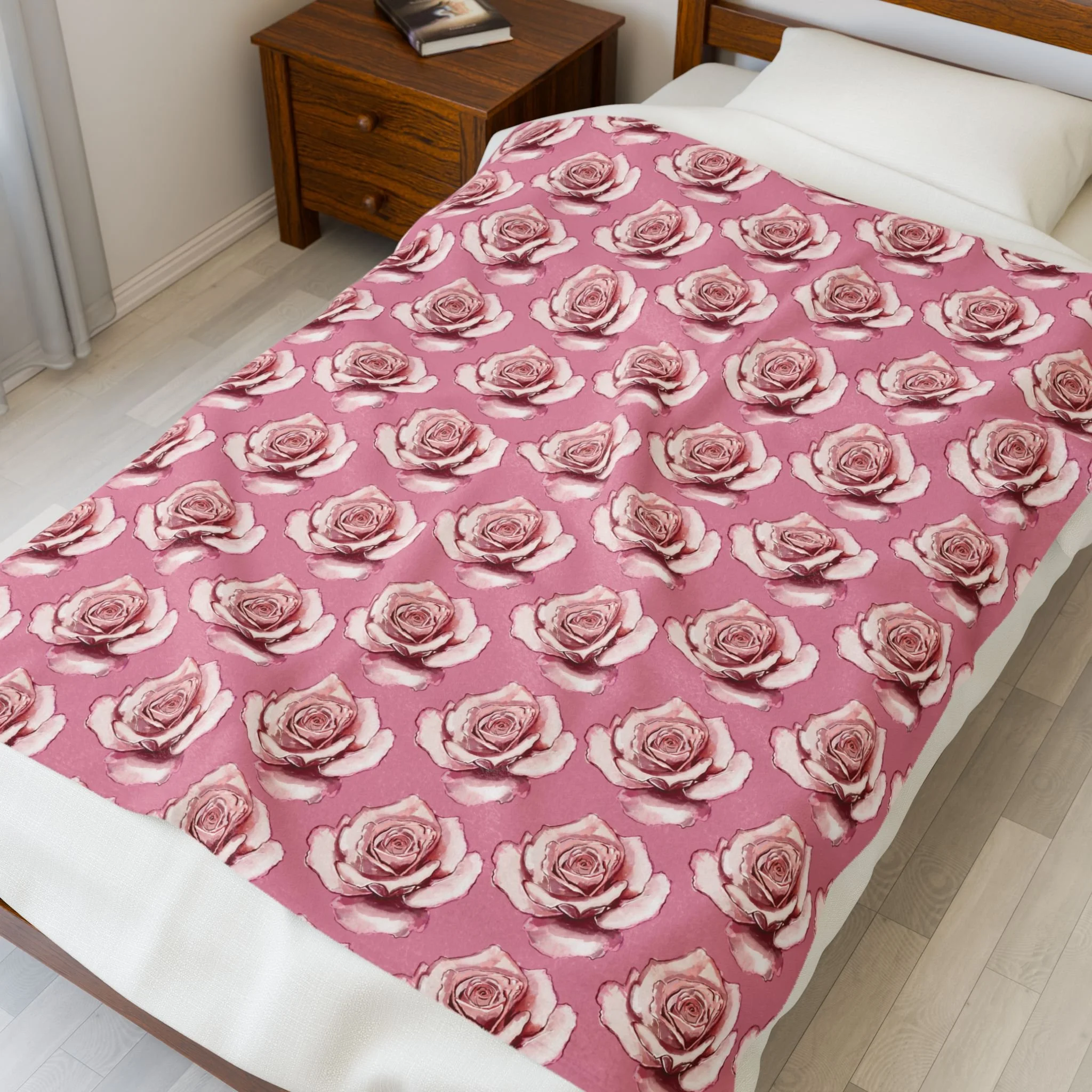 Medium Pink Rose Pattern Velveteen Plush Blanket