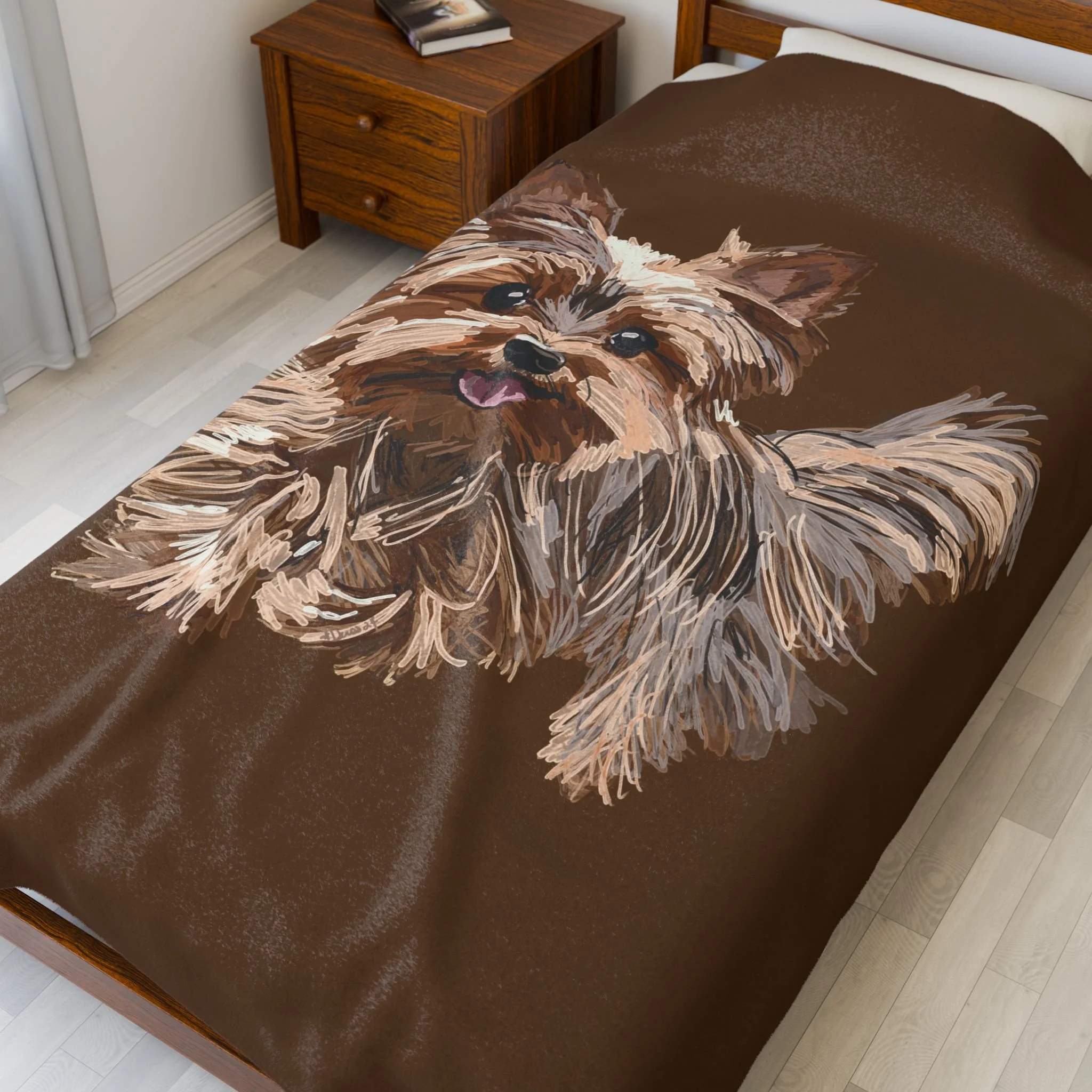 Yorkshire Terrier Velveteen Plush Blanket — Cozy Brown Puppy Throw for Dog Lovers, Soft Pet Portrait Fleece